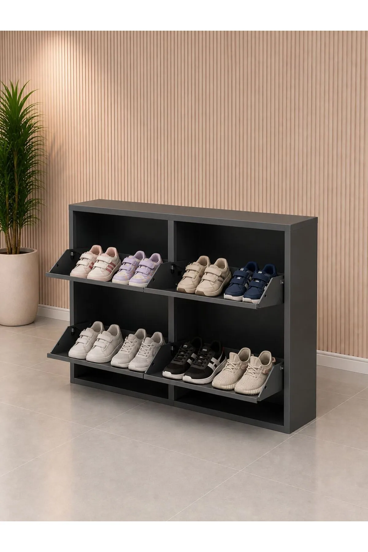 2+2-Door Anthracite Metal Shoe Cabinet – 8 Pairs, view 3