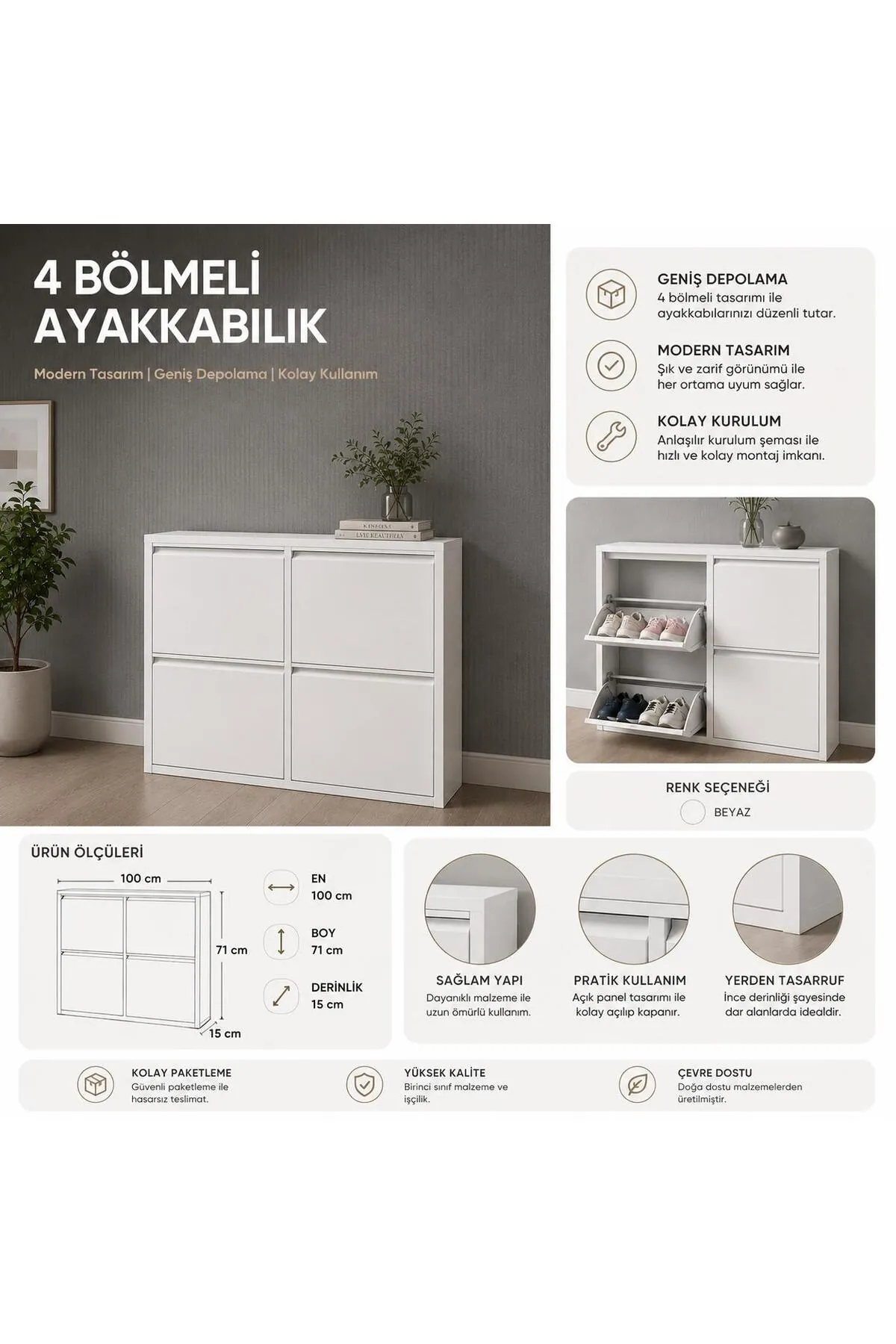 2+2-Door White Metal Shoe Cabinet – 8 Pairs, view 3