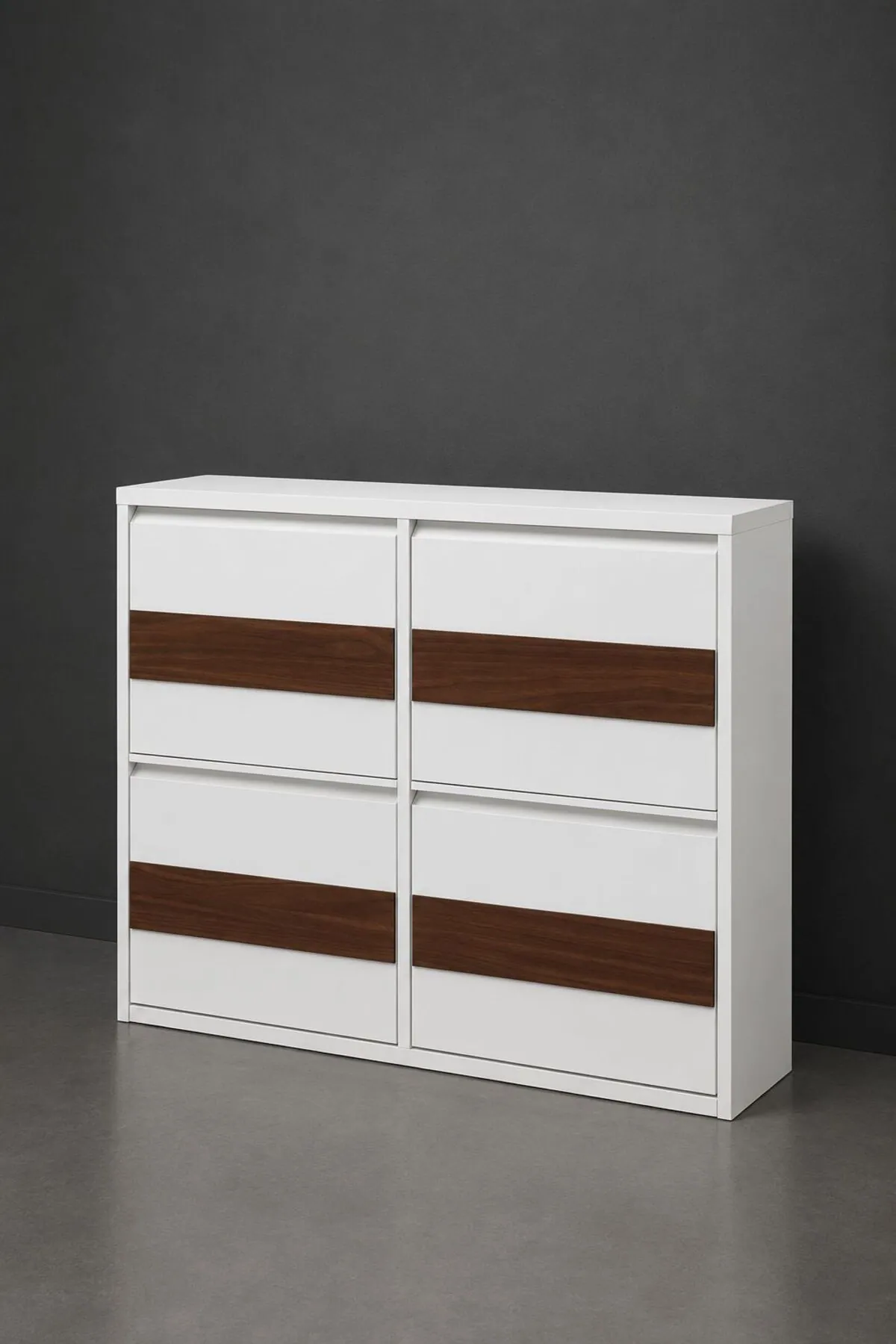 2+2-Door Horizontal White Wood-Pattern Metal Shoe Cabinet – 8 Pairs