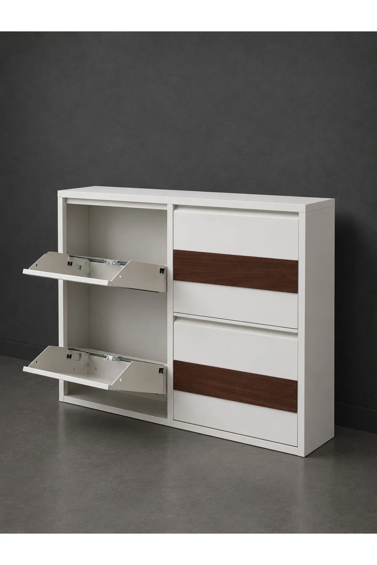 2+2-Door Horizontal White Wood-Pattern Metal Shoe Cabinet – 8 Pairs, view 3
