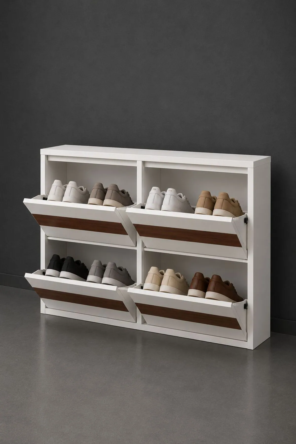 2+2-Door Horizontal White Wood-Pattern Metal Shoe Cabinet – 8 Pairs, view 5