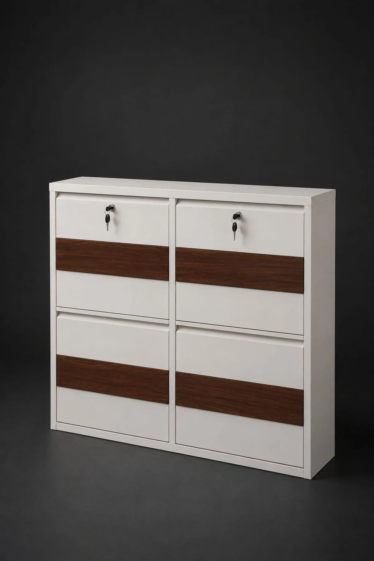 2+2-Door Horizontal Lockable White Wood-Pattern Metal Shoe Cabinet – 8 Pairs
