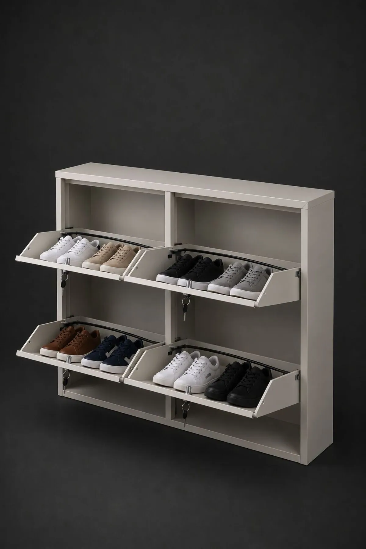 2+2-Door Horizontal Lockable White Wood-Pattern Metal Shoe Cabinet – 8 Pairs, view 5