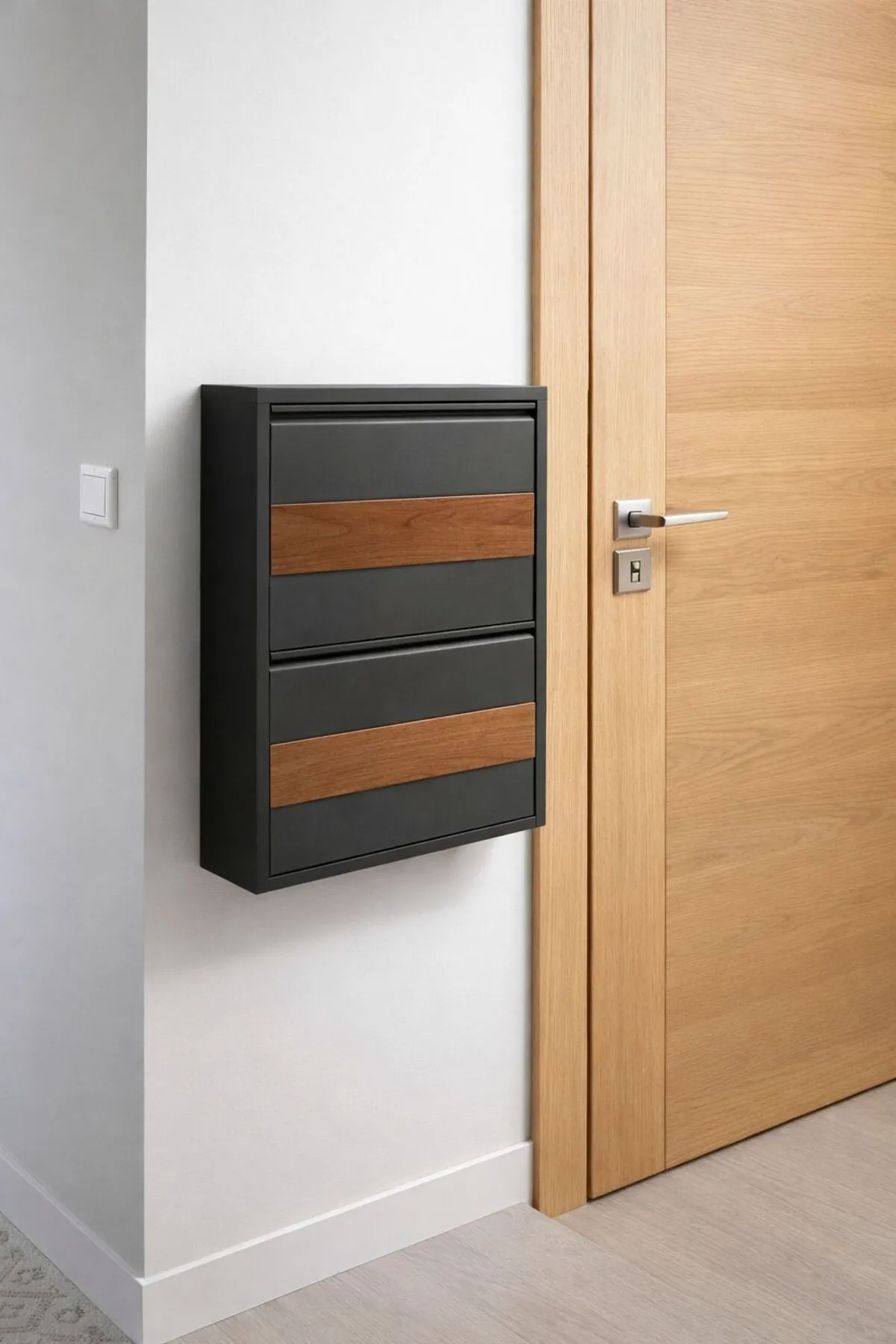 2 Kapaklı Antrasit Ahşap Detaylı Metal Ayakkabılık – 4 Çift