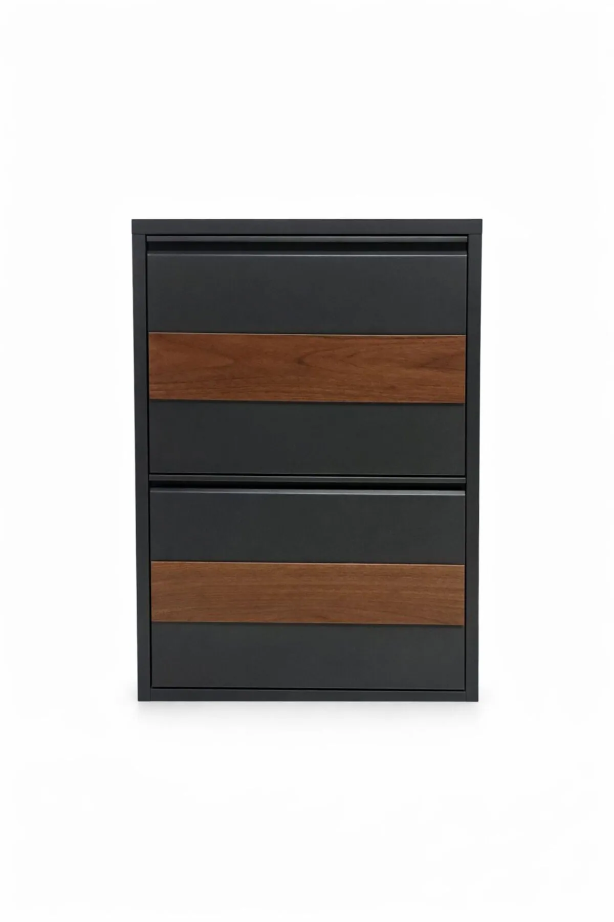 2-Door Anthracite Metal Shoe Cabinet with Wood Detail – 4 Pairs, view 3