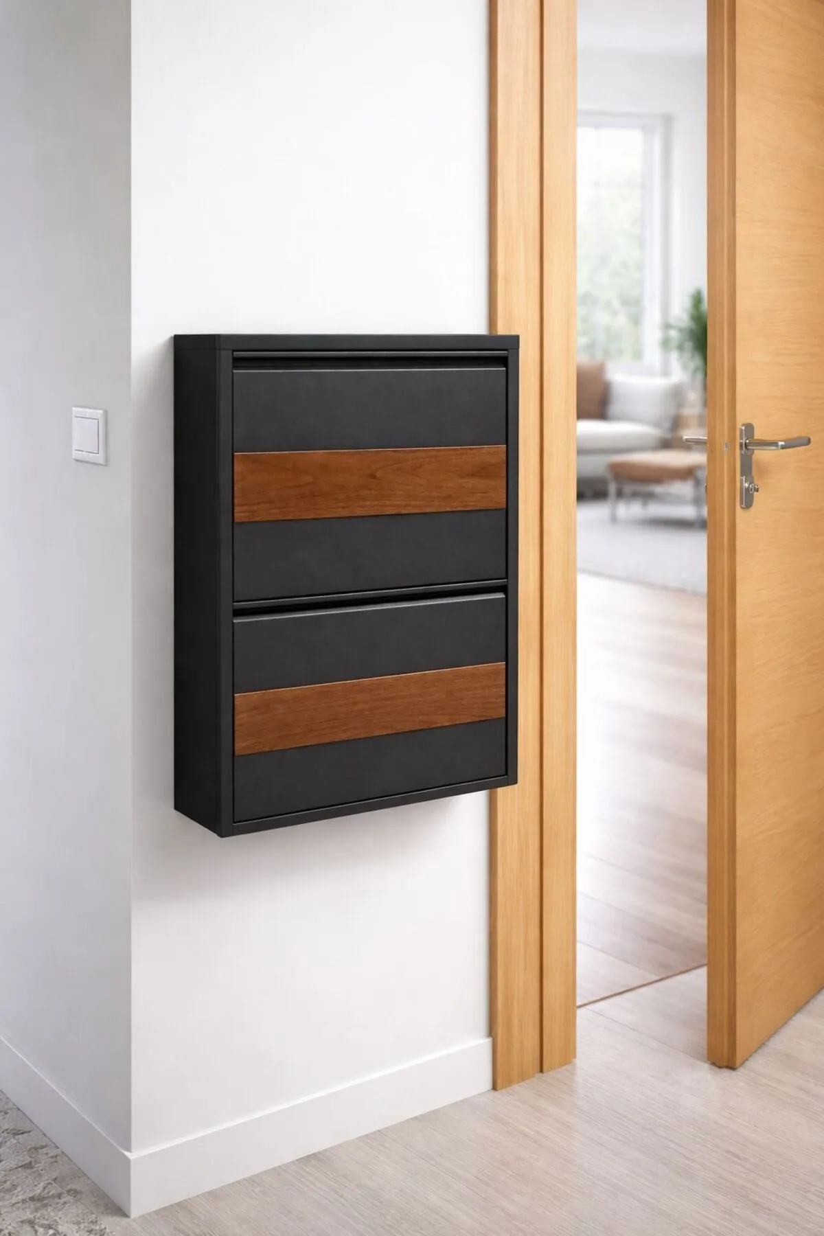 2-Door Anthracite Metal Shoe Cabinet with Wood Detail – 4 Pairs, view 4