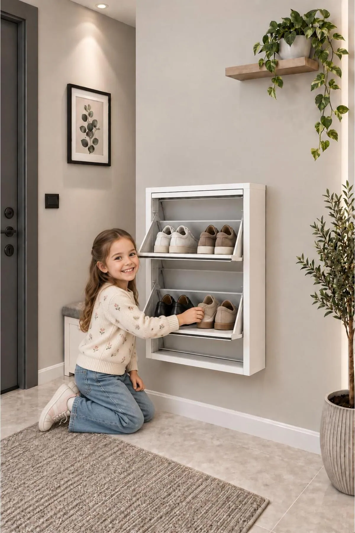 2-Door White Mirrored Metal Shoe Cabinet – 4 Pairs, view 3