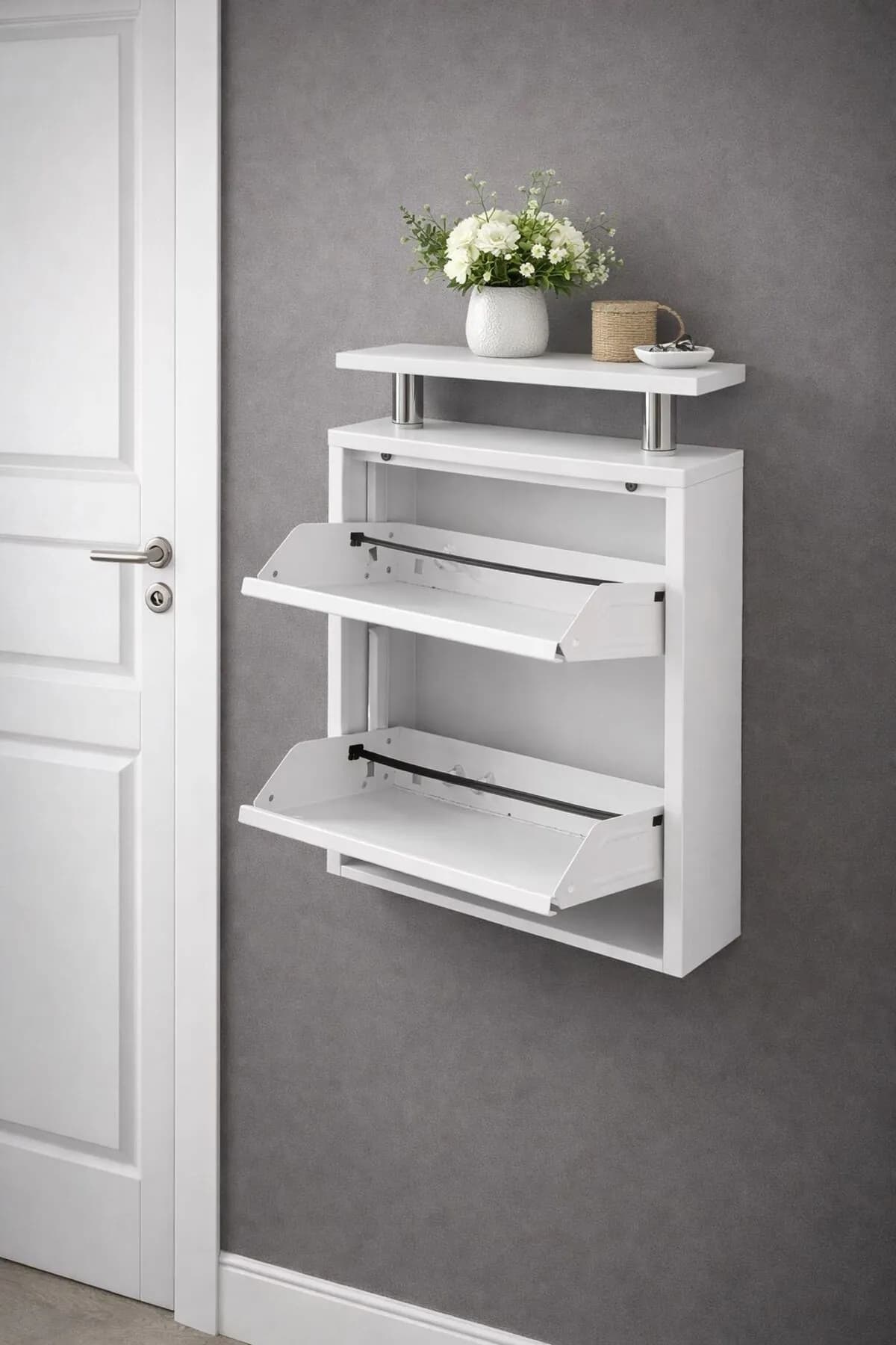 2-Door White Metal Shoe Cabinet with White Top – 4 Pairs, view 3
