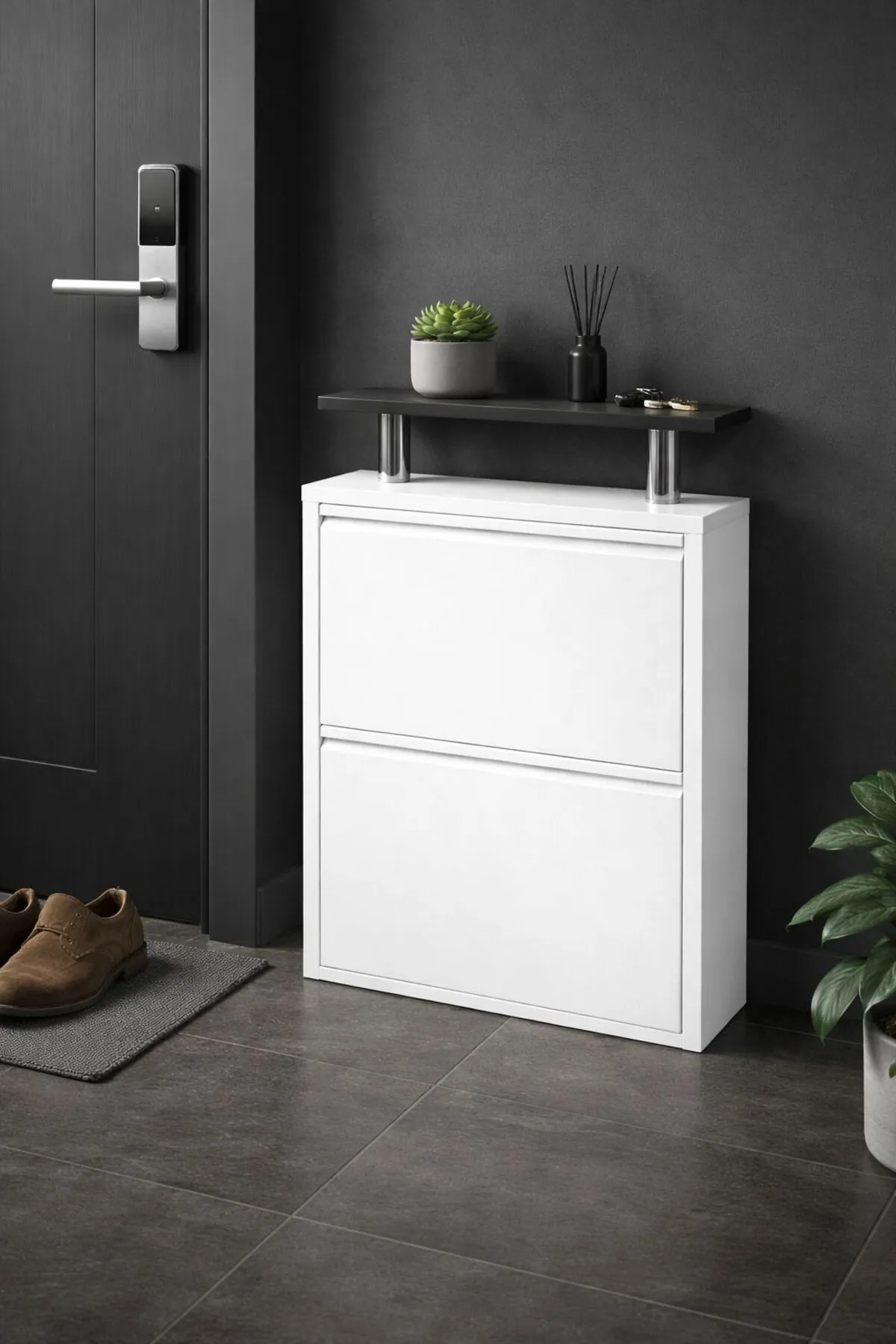 2-Door White Metal Shoe Cabinet with Black Top – 4 Pairs