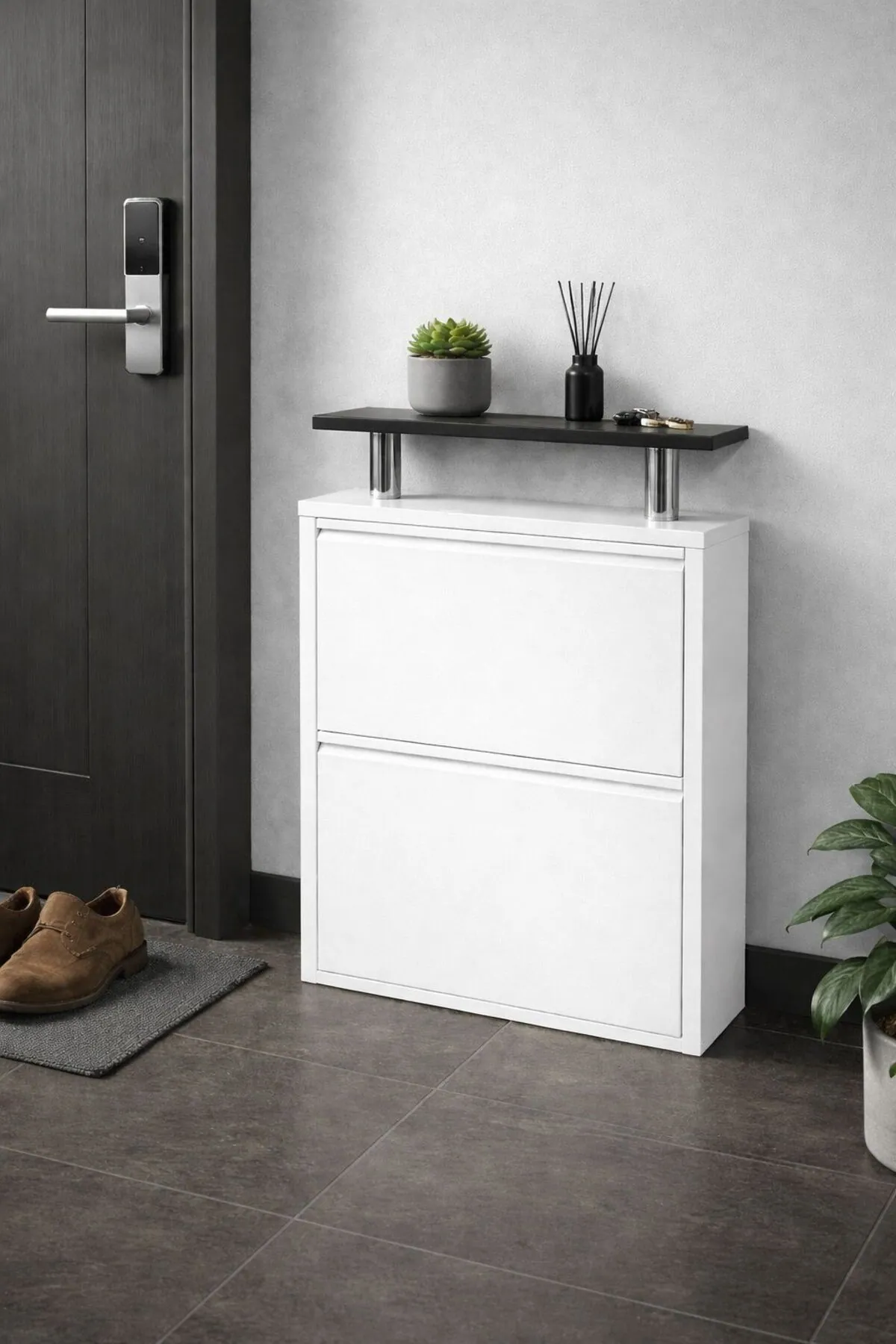 2-Door White Metal Shoe Cabinet with Black Top – 4 Pairs, view 3