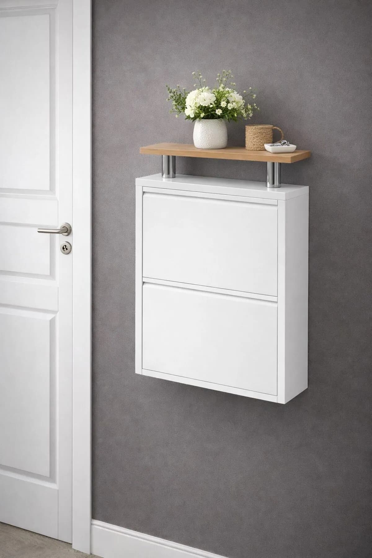 2-Door White Metal Shoe Cabinet with Wood-Effect Top – 4 Pairs