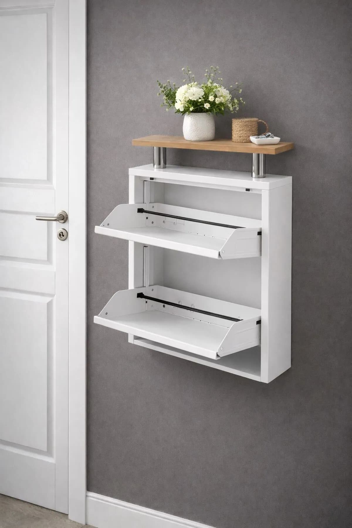 2-Door White Metal Shoe Cabinet with Wood-Effect Top – 4 Pairs, view 3