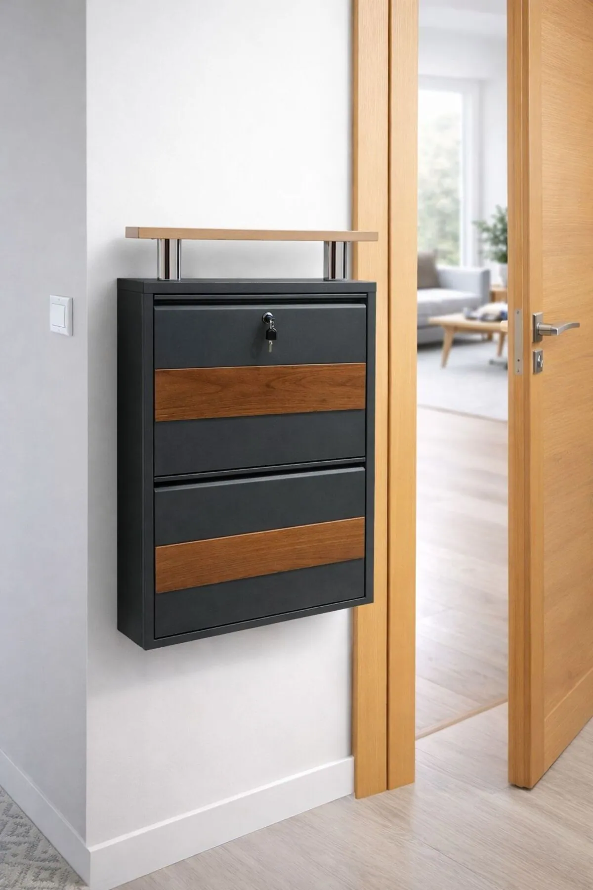2-Door Lockable Anthracite Metal Shoe Cabinet with Wood Detail and Wood-Effect Top – 4 Pairs
