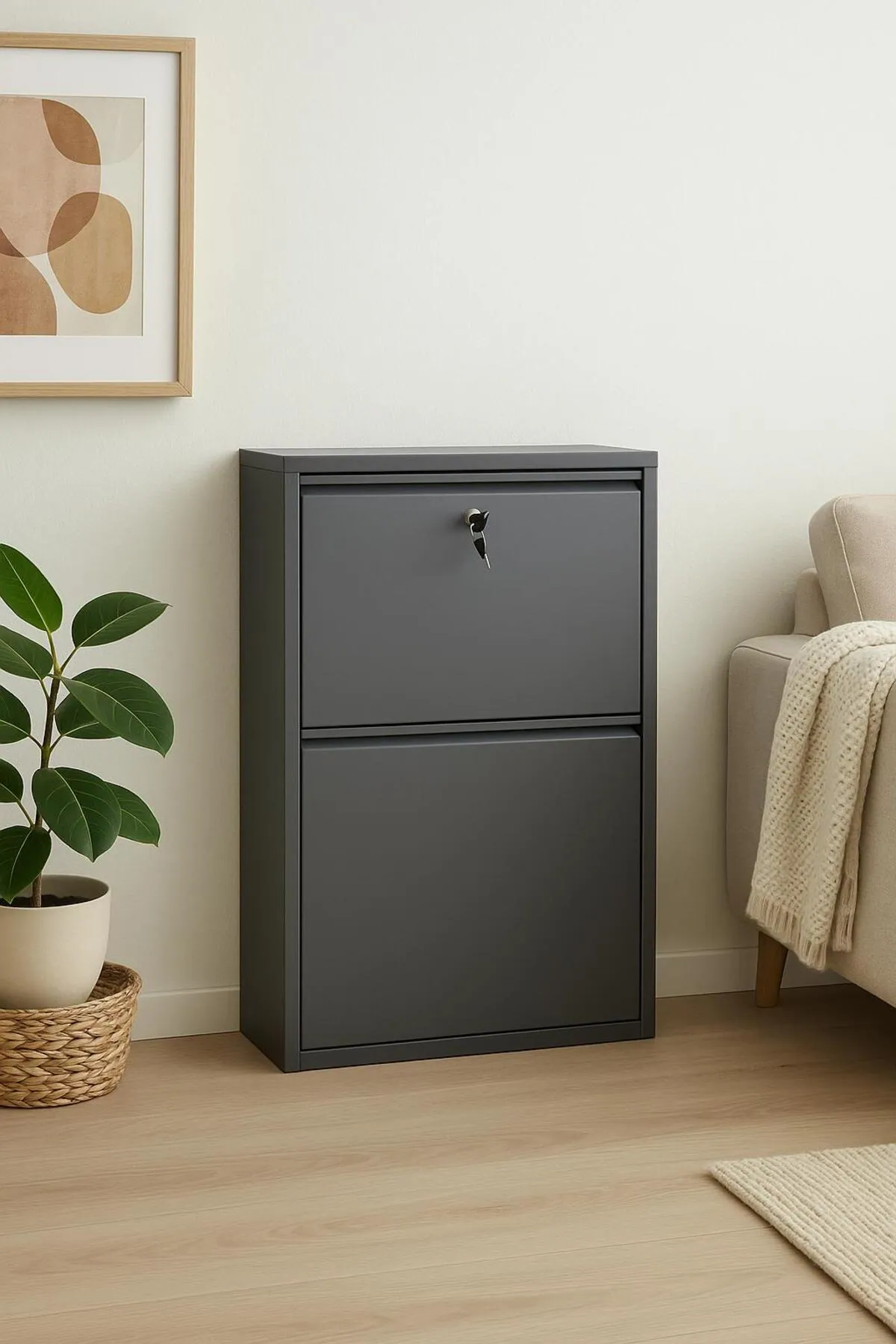 2-Door Lockable Anthracite Metal Shoe Cabinet – 4 Pairs