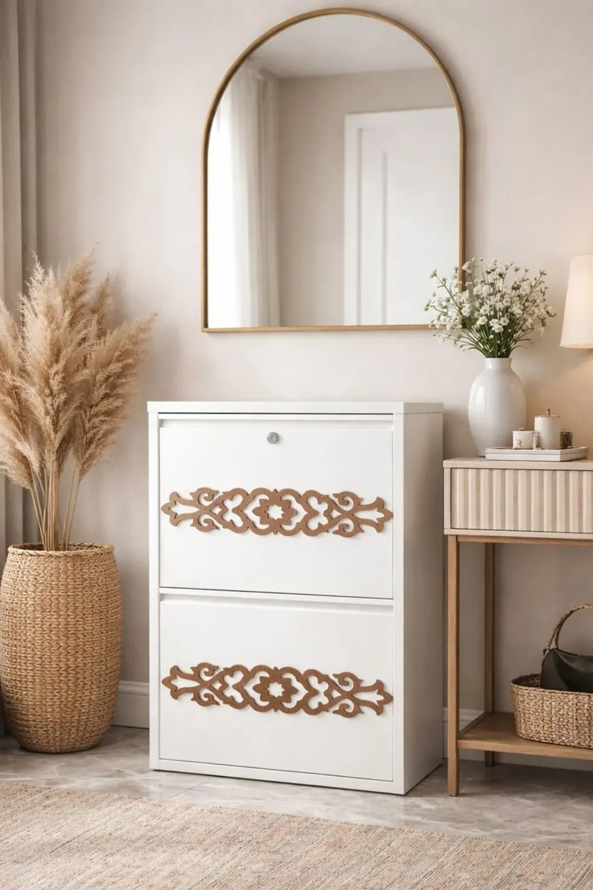 2-Door Lockable White Star Wood-Pattern Metal Shoe Cabinet – 4 Pairs