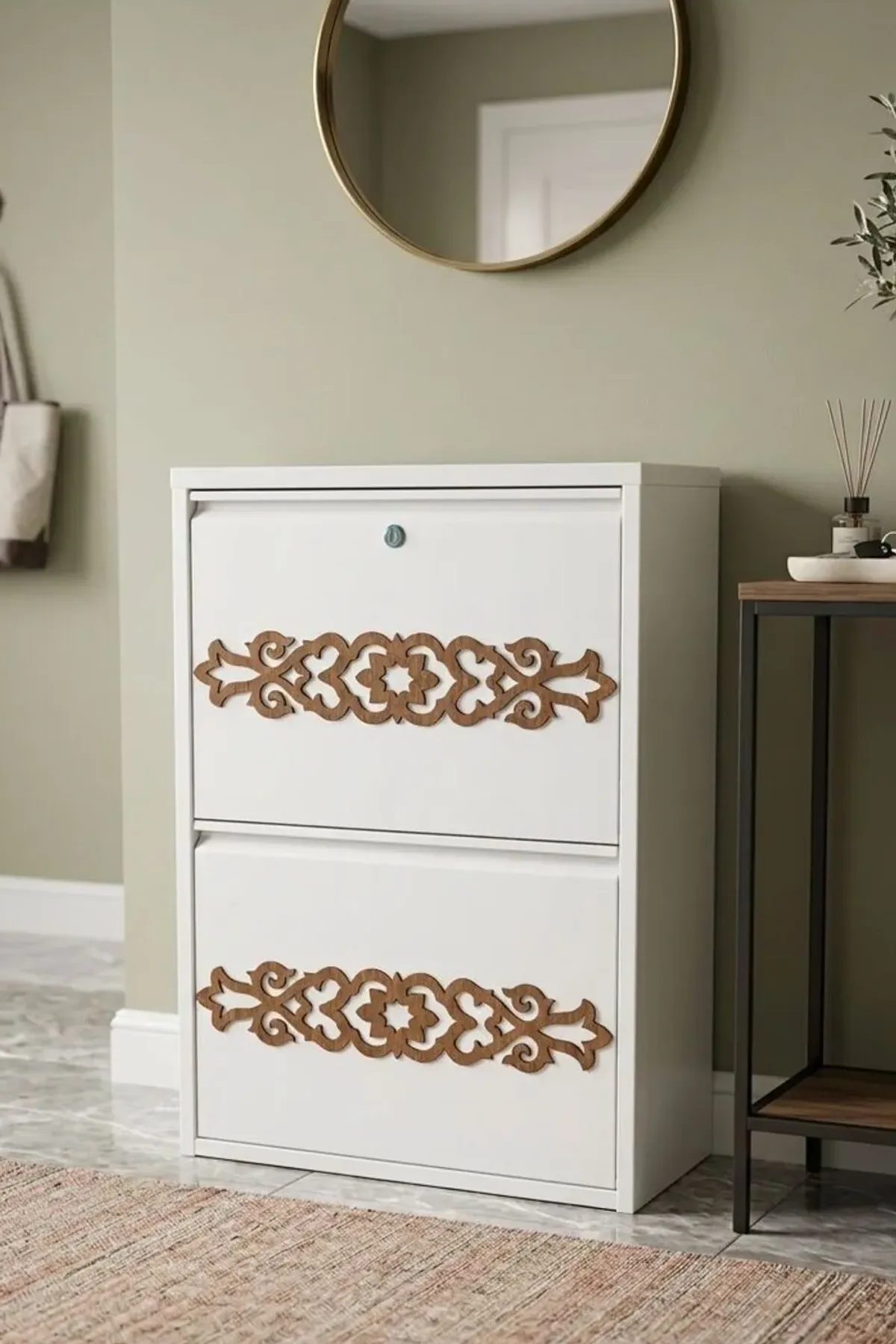 2-Door Lockable White Star Wood-Pattern Metal Shoe Cabinet – 4 Pairs, view 3