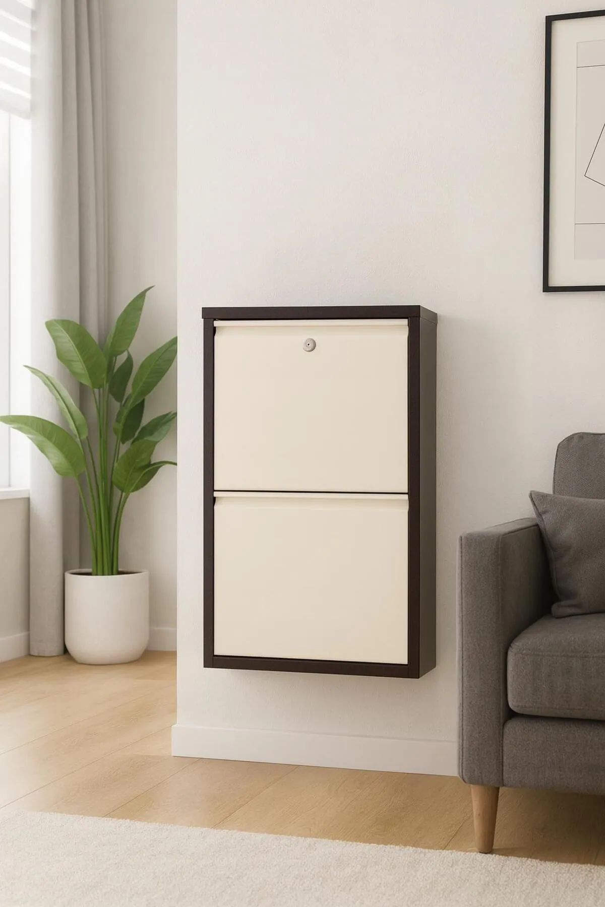 2-Door Lockable Brown-Cream Metal Shoe Cabinet – 4 Pairs