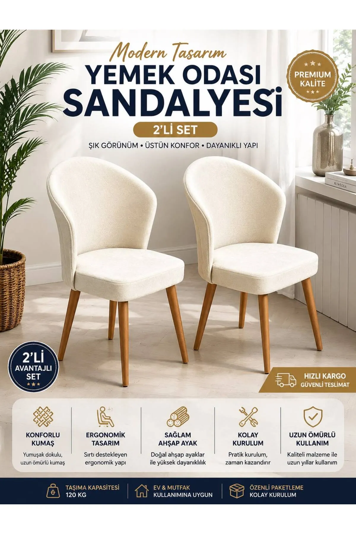 2'li Bej Baby Face Kumaş Ceviz Ahşap Ayaklı Mutfak Sandalyesi