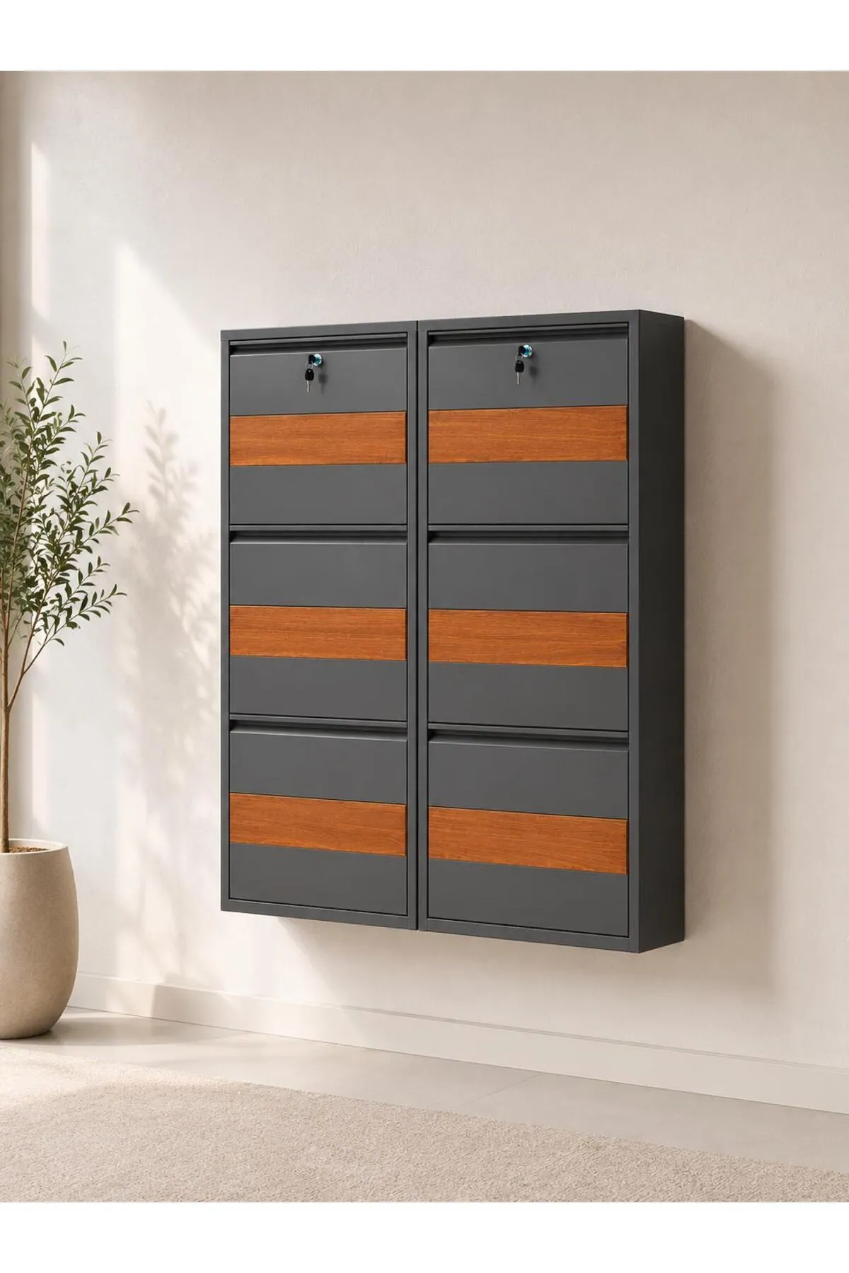 3+3-Door Lockable Anthracite Wood-Pattern Metal Shoe Cabinet – 12 Pairs