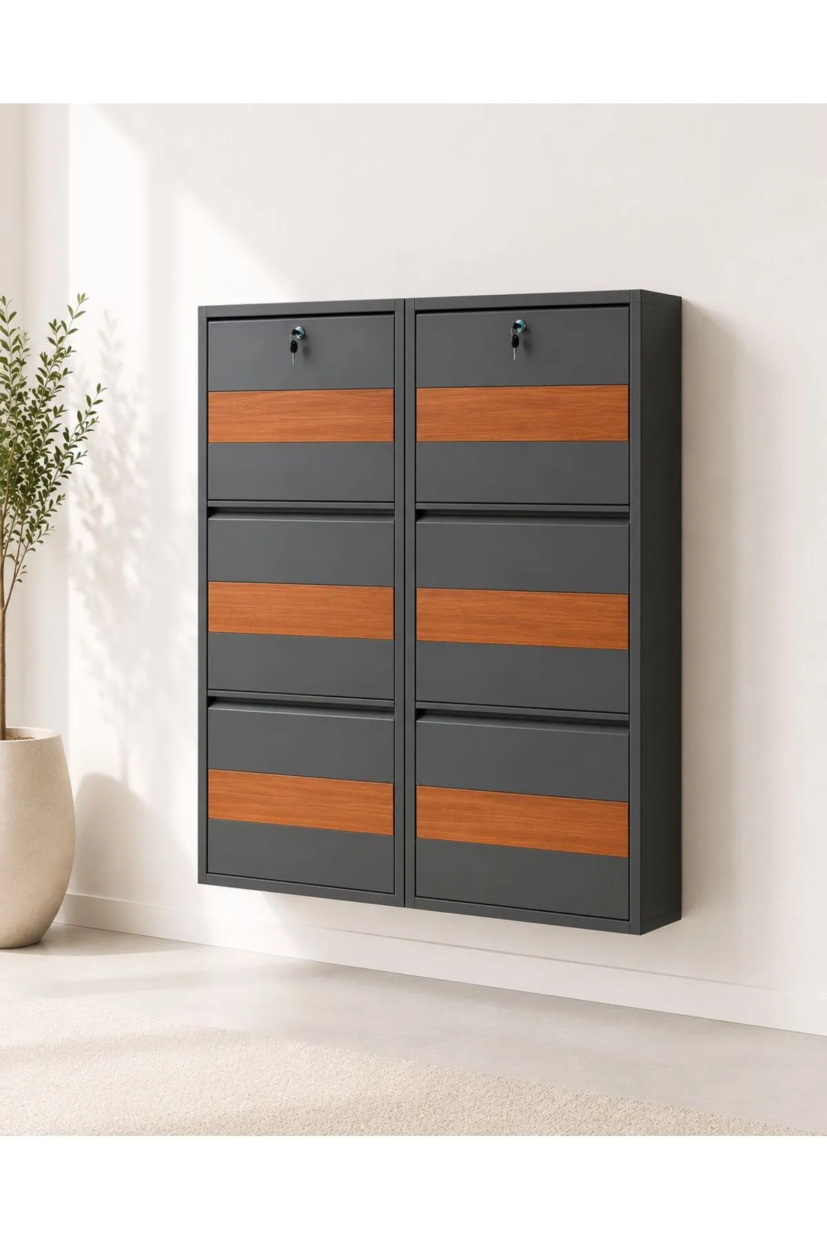 3+3-Door Lockable Anthracite Wood-Pattern Metal Shoe Cabinet – 12 Pairs, view 3