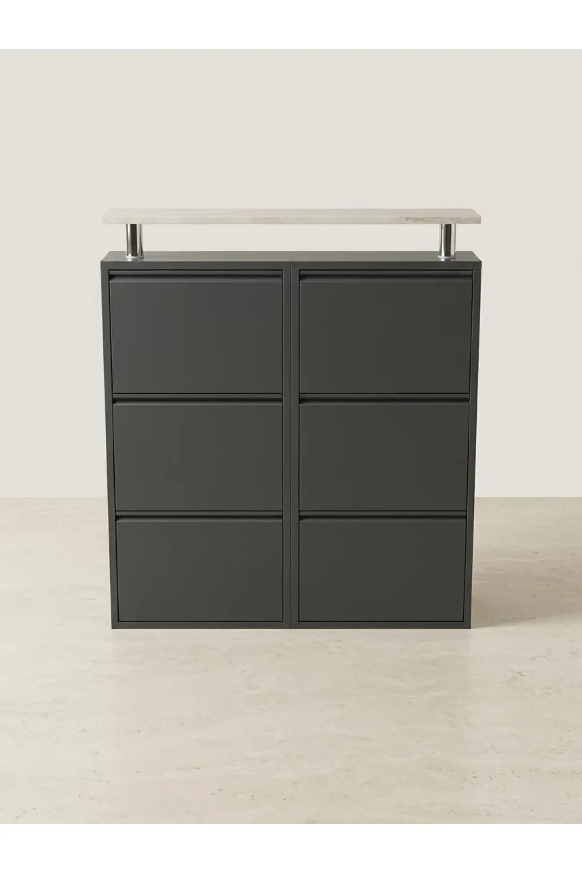 3+3-Door Horizontal Anthracite Metal Shoe Cabinet with White Top – 12 Pairs