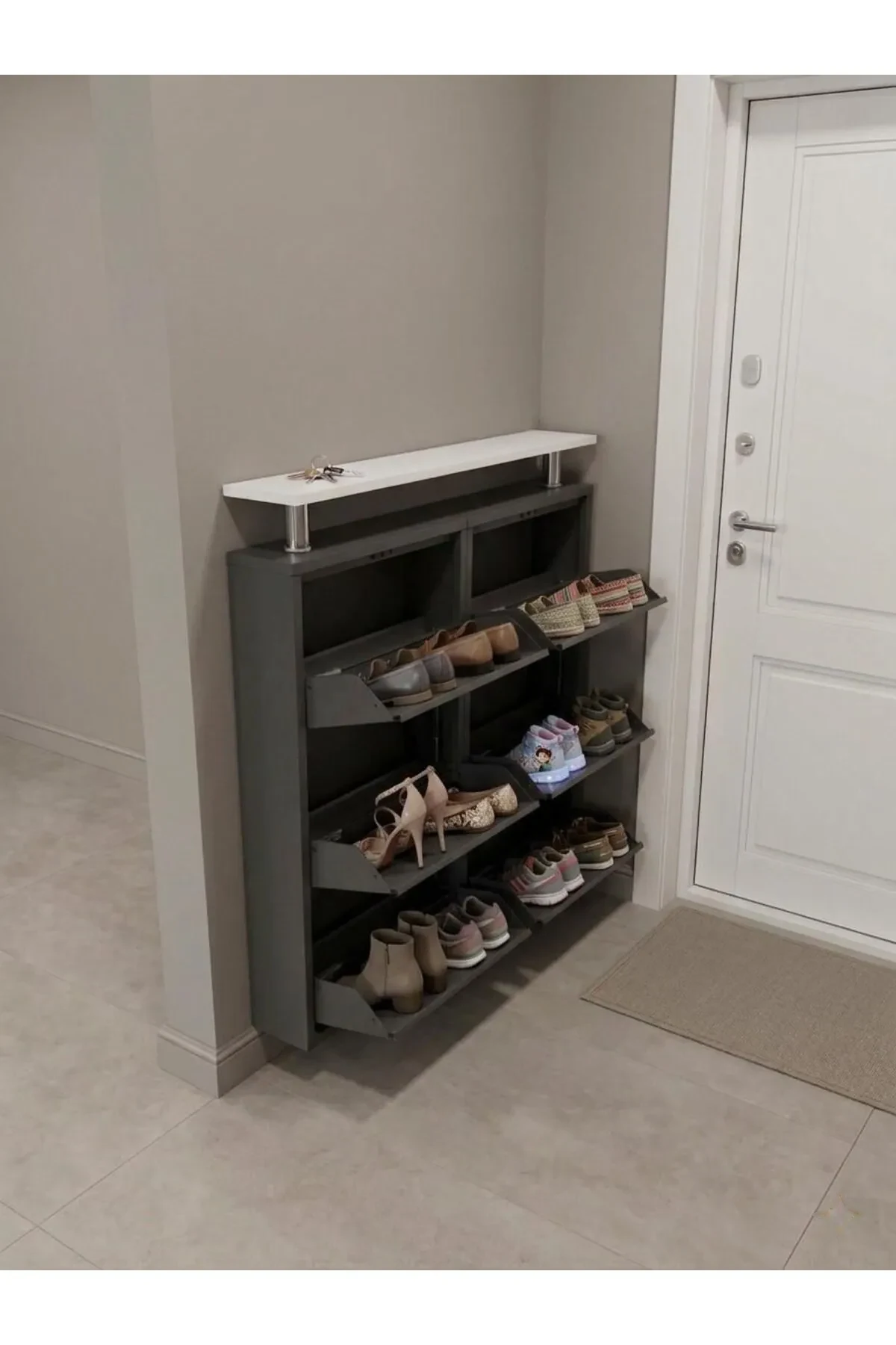 3+3-Door Horizontal Anthracite Metal Shoe Cabinet with White Top – 12 Pairs, view 3