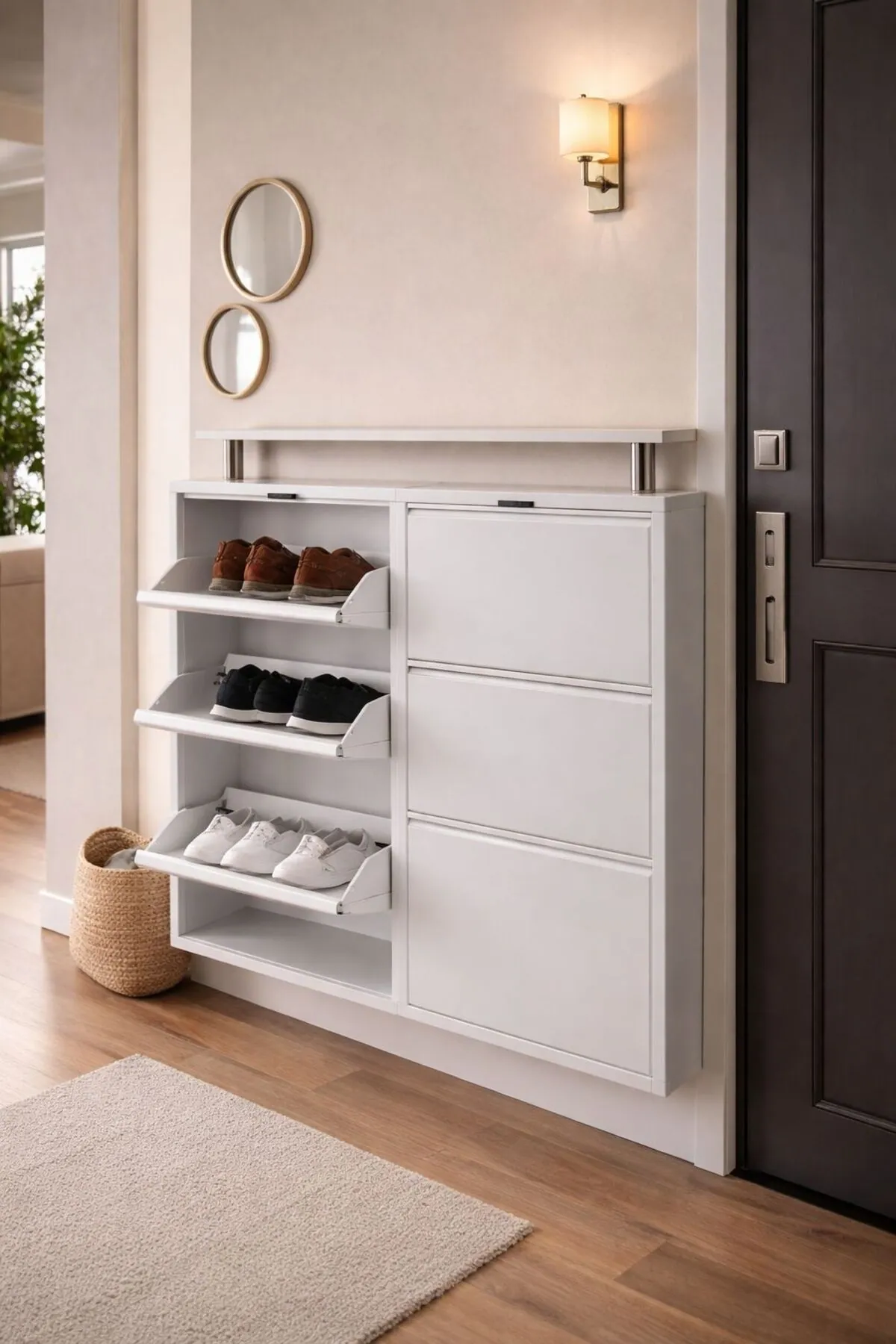 3+3-Door Horizontal White Metal Shoe Cabinet with White Top – 12 Pairs, view 4
