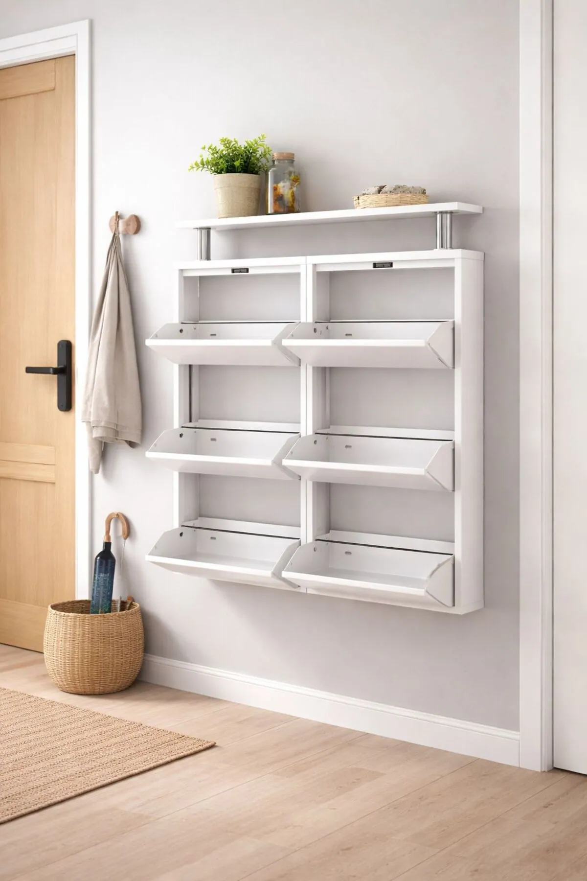 3+3-Door Horizontal White Metal Shoe Cabinet with White Top – 12 Pairs, view 5