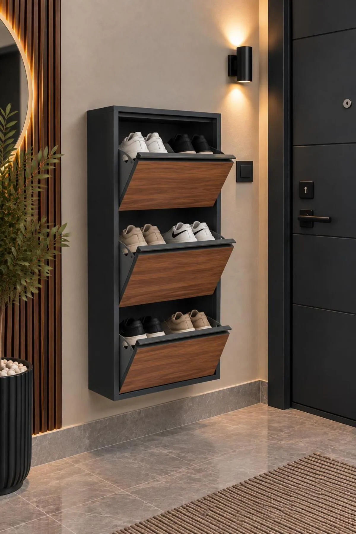 3-Door Metal Shoe Cabinet with Wood-Effect Doors – 6 Pairs, view 3