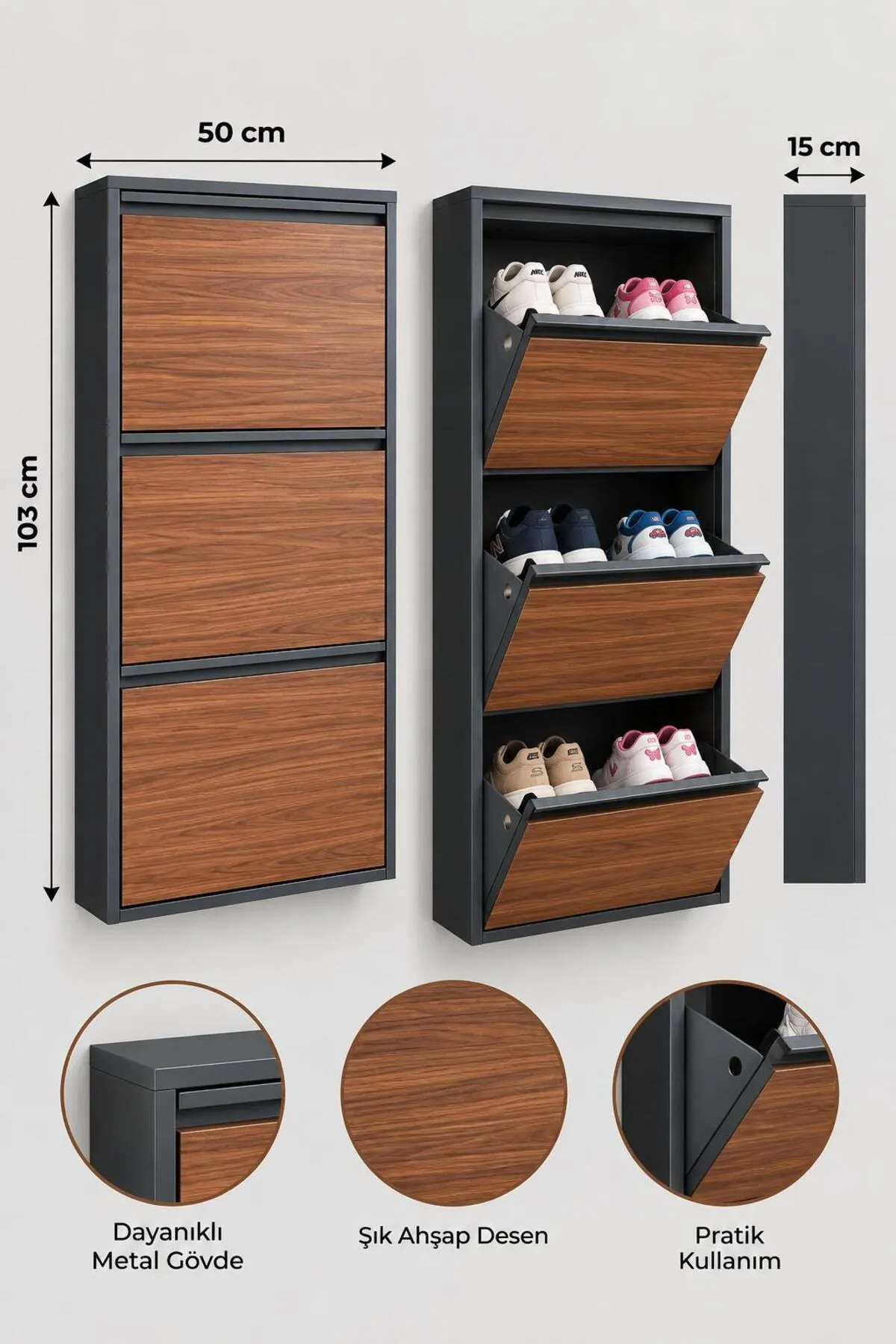 3-Door Metal Shoe Cabinet with Wood-Effect Doors – 6 Pairs, view 5