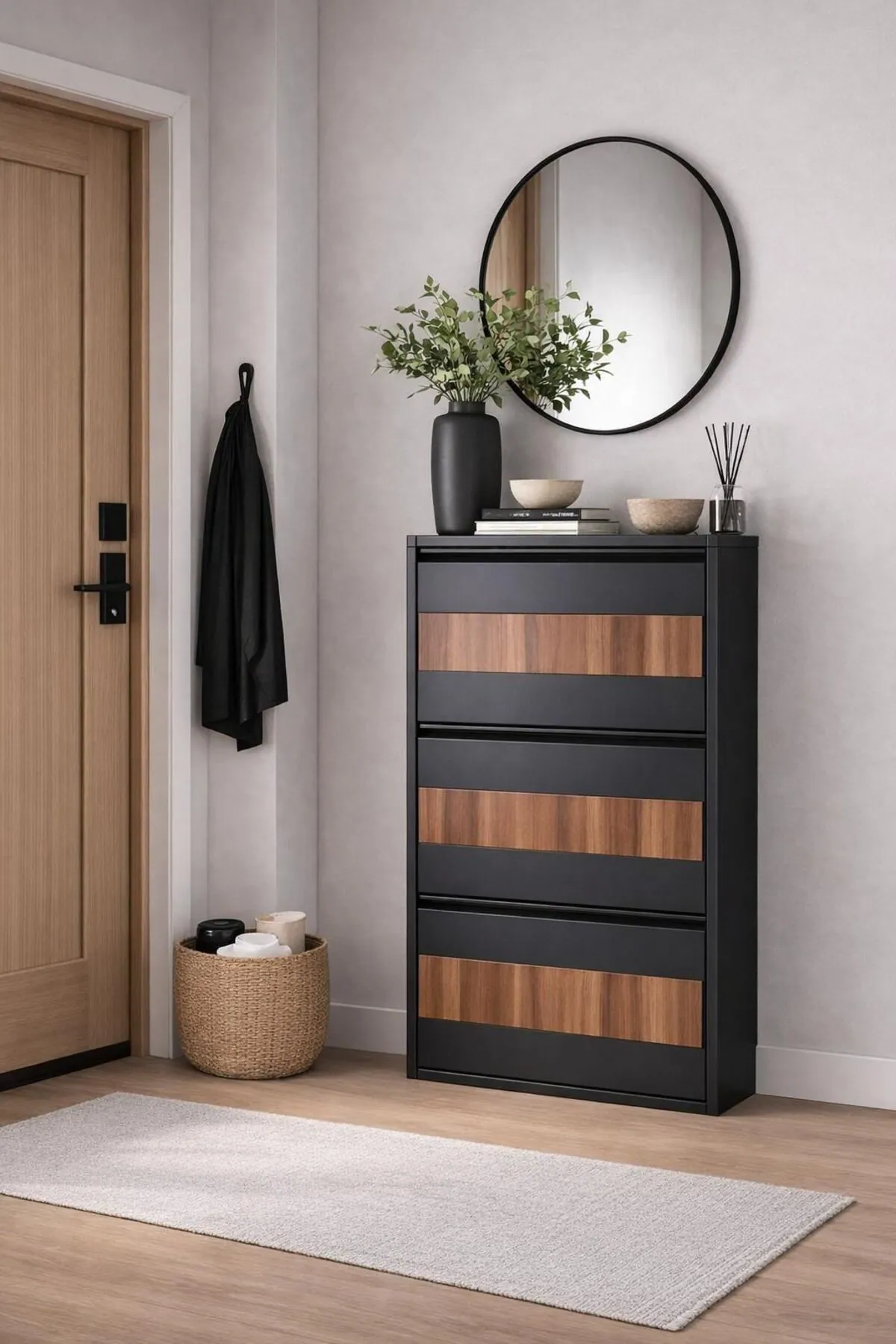 3-Door Anthracite Wood-Pattern Metal Shoe Cabinet – 6 Pairs