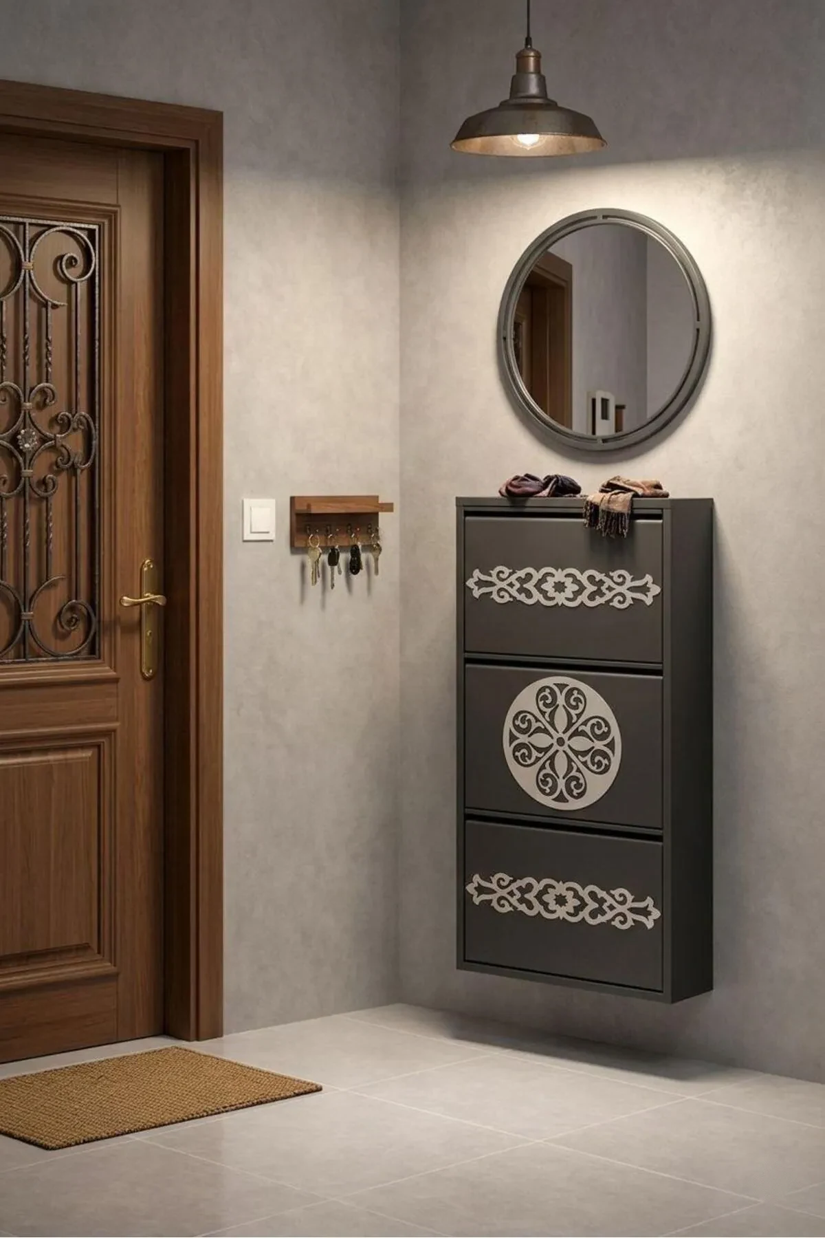 3 Kapaklı Antrasit Çember Gümüş Desenli Metal Ayakkabılık – 6 Çift