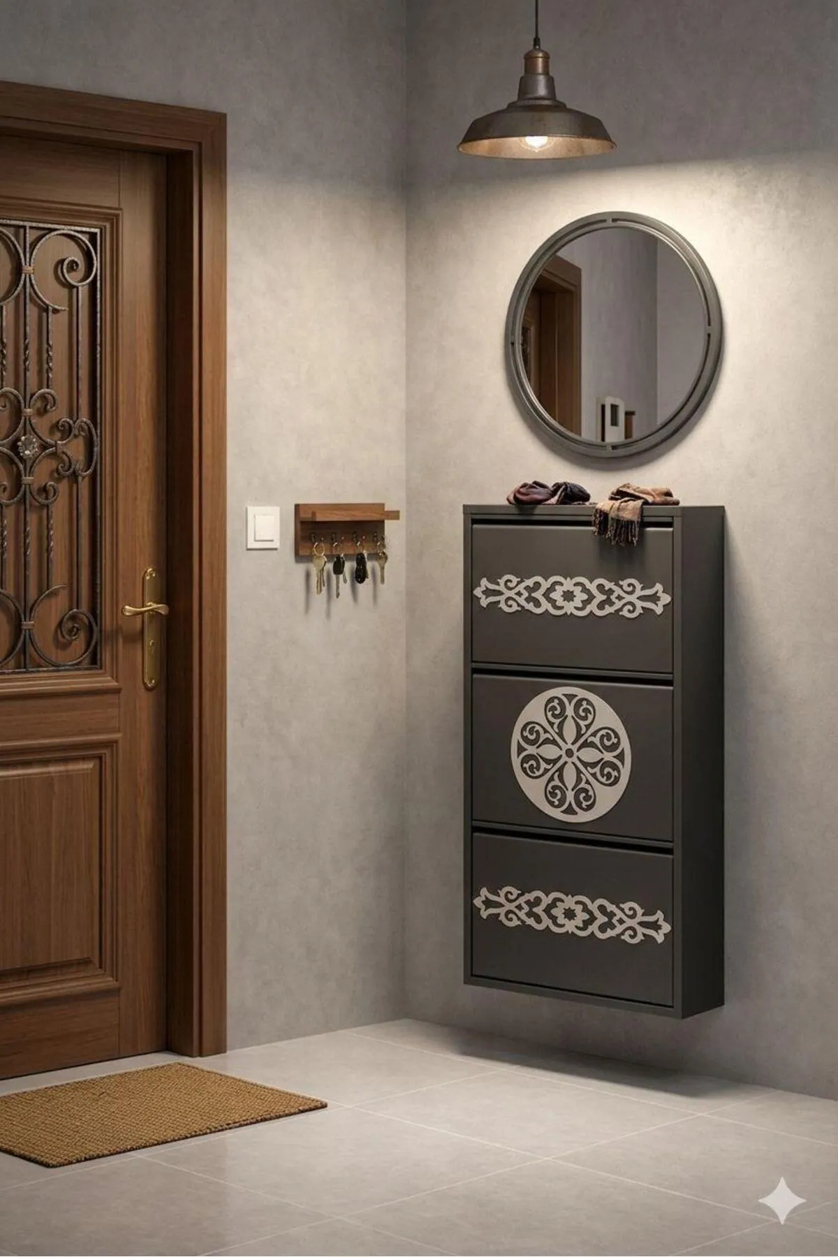 3 Kapaklı Antrasit Çember Gümüş Desenli Metal Ayakkabılık – 6 Çift