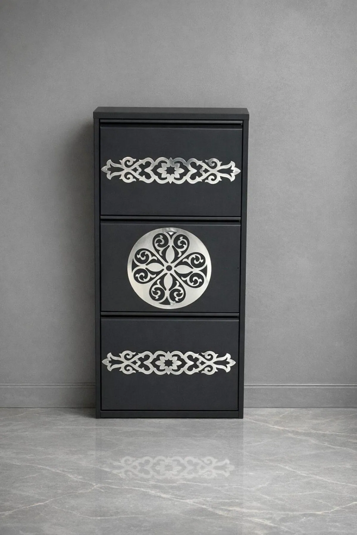 3-Door Anthracite Silver Ring-Pattern Metal Shoe Cabinet – 6 Pairs, view 5