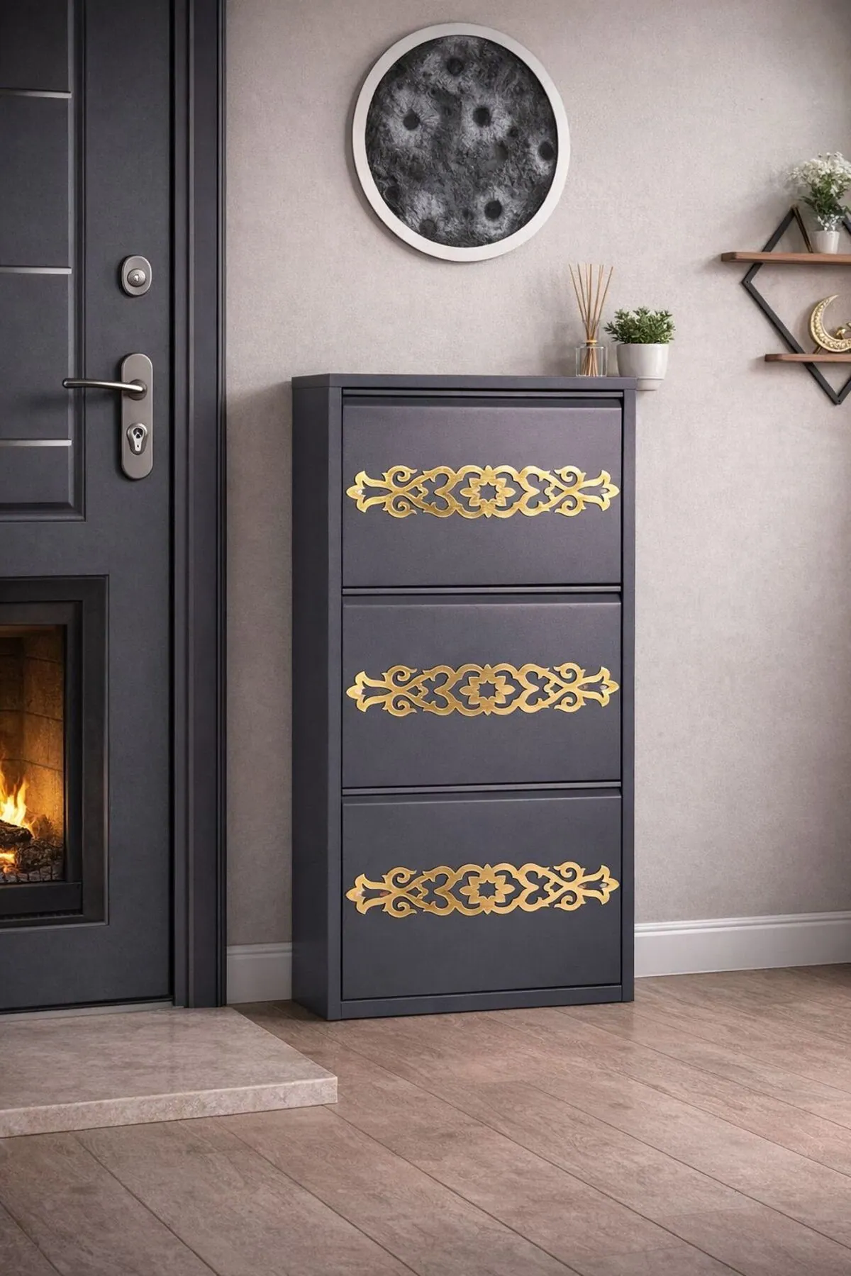 3 Kapaklı Antrasit Gold Desenli Metal Ayakkabılık – 6 Çift