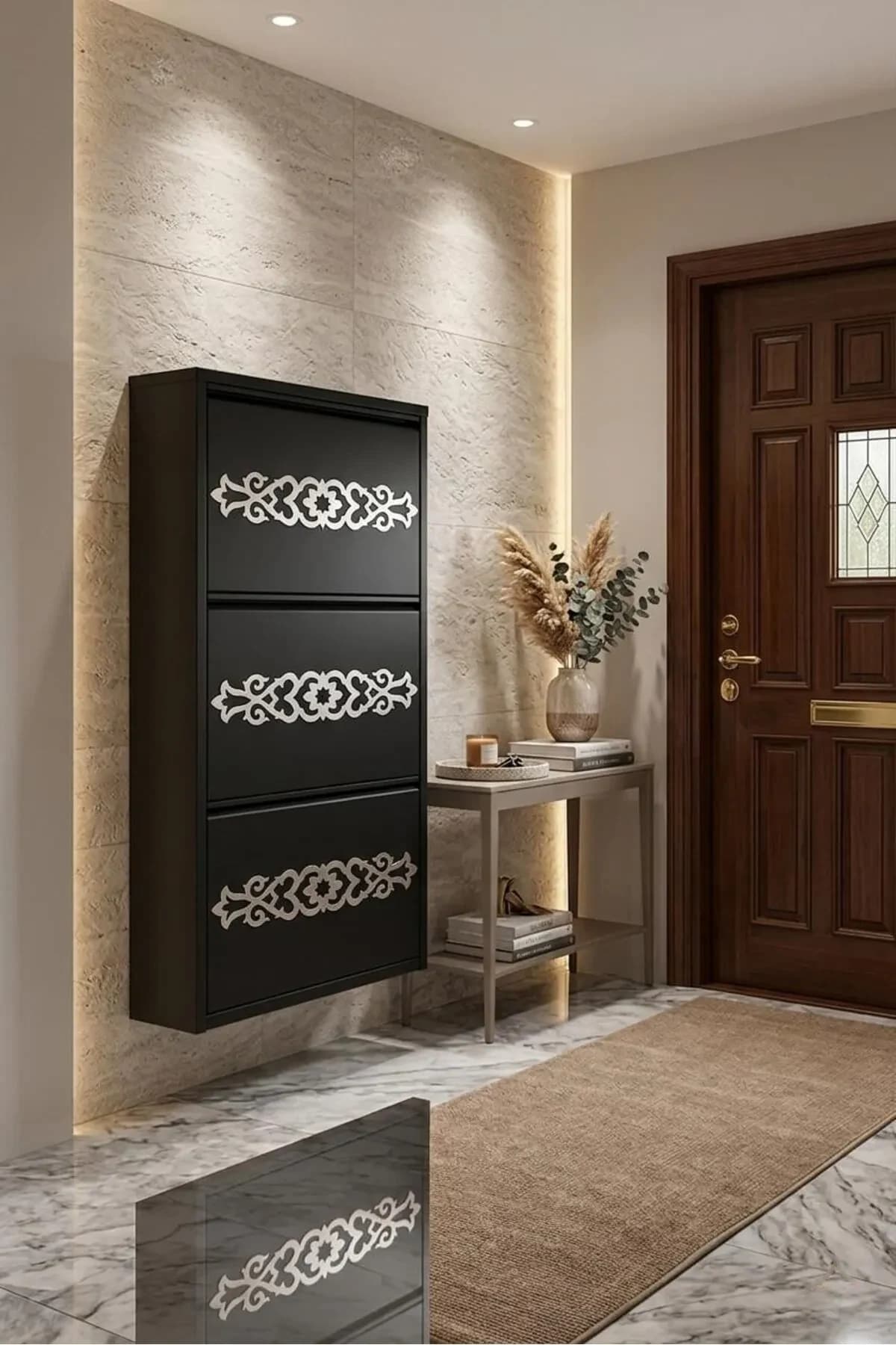 3 Kapaklı Antrasit Gümüş Desenli Metal Ayakkabılık – 6 Çift