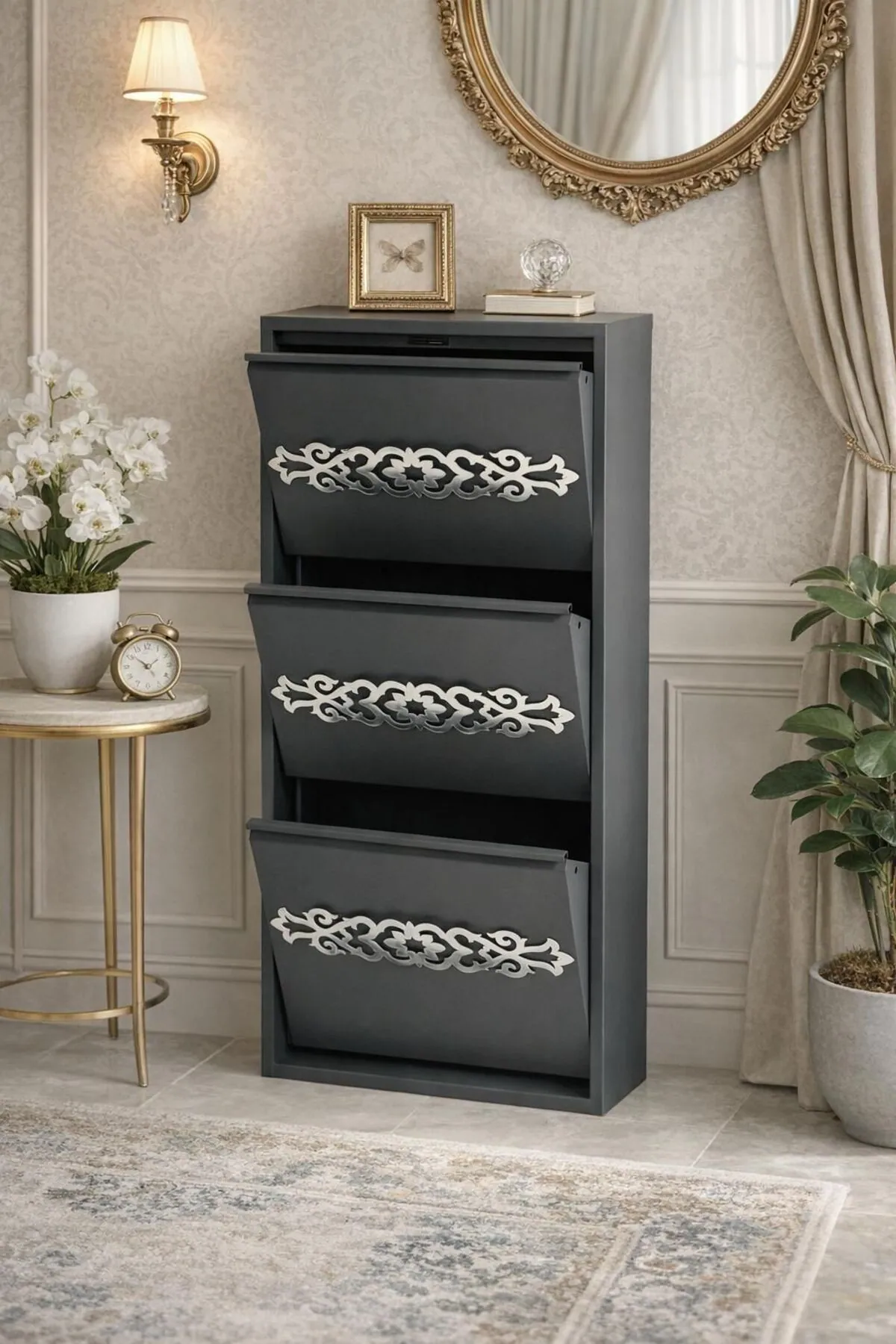 3-Door Anthracite Silver-Pattern Metal Shoe Cabinet – 6 Pairs, view 2