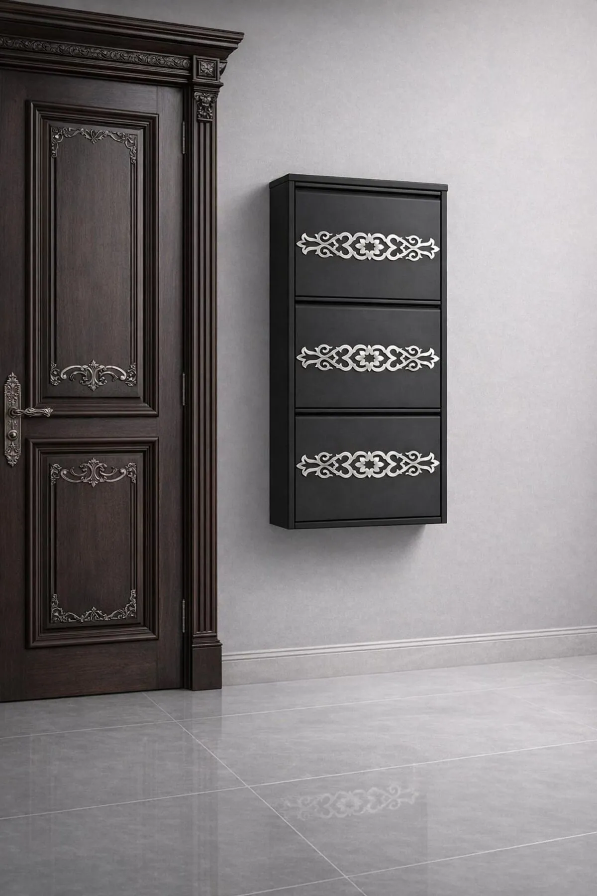 3-Door Anthracite Silver-Pattern Metal Shoe Cabinet – 6 Pairs, view 5