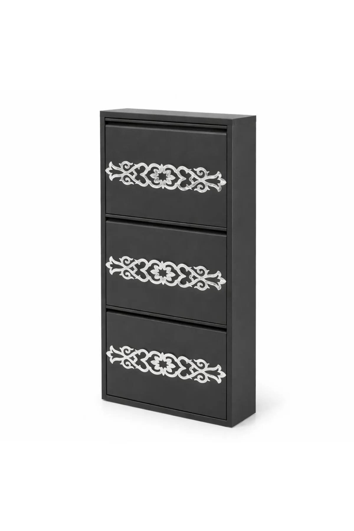 3 Kapaklı Antrasit Gümüş Desenli Metal Ayakkabılık – 6 Çift (Model 2)