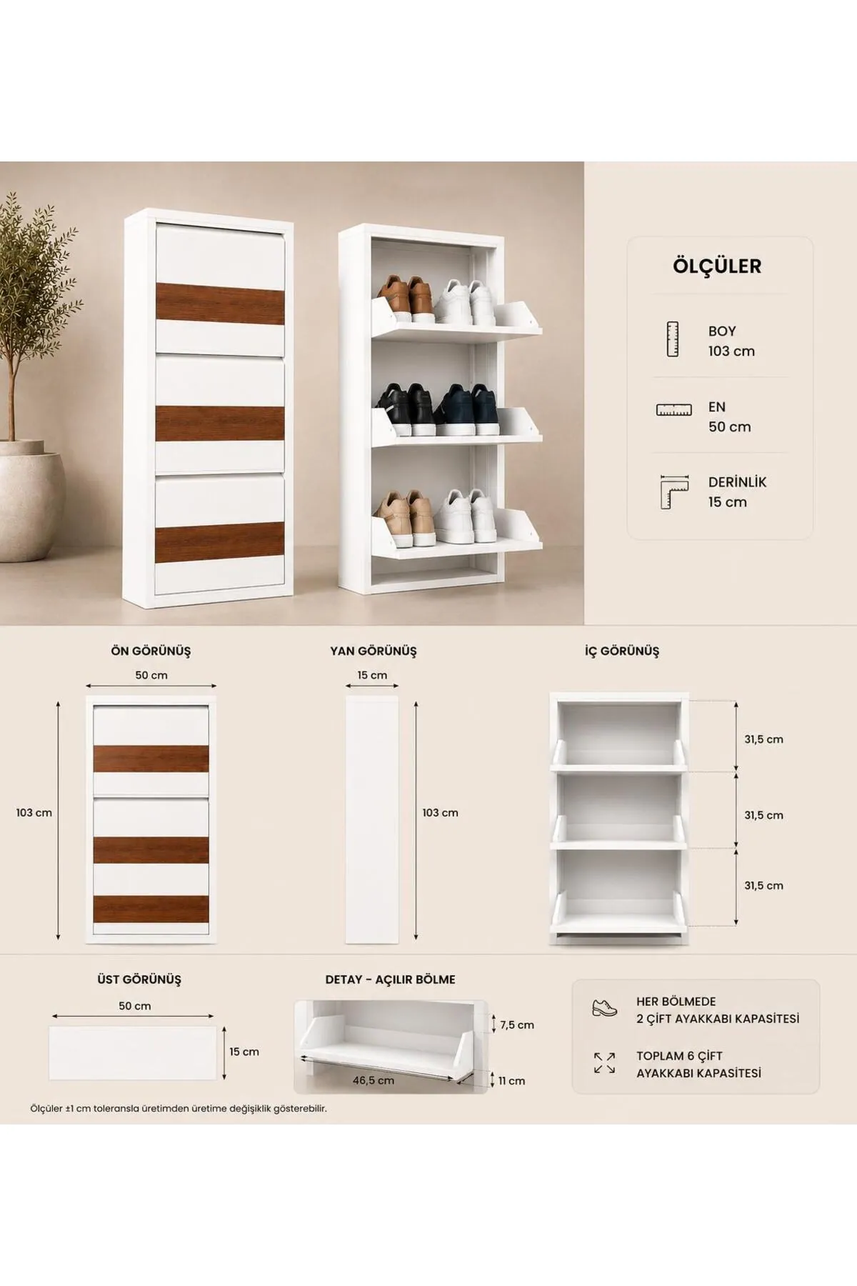 3 Kapaklı Beyaz Ahşap Desenli Metal Ayakkabılık – 6 Çift