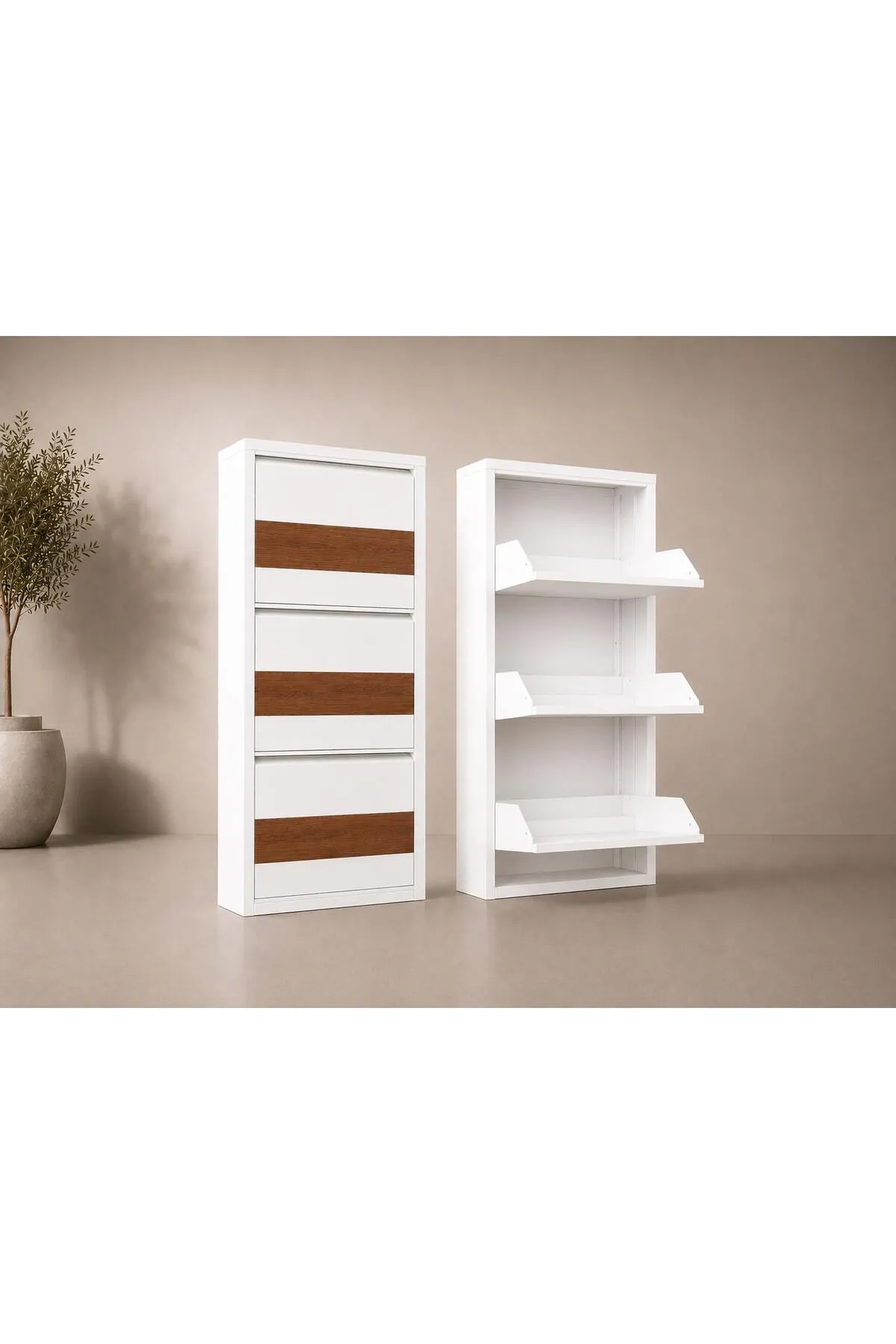 3 Kapaklı Beyaz Ahşap Desenli Metal Ayakkabılık – 6 Çift