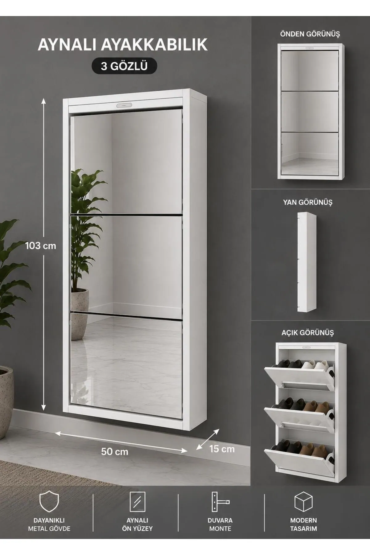 3-Door White Mirrored Metal Shoe Cabinet – 6 Pairs, view 4