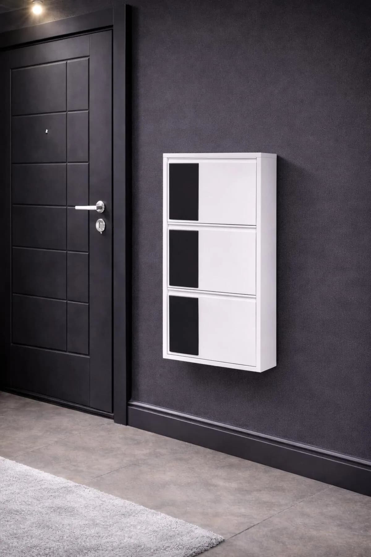 3 Kapaklı Beyaz Siyah Dikey Desenli Metal Ayakkabılık – 6 Çift