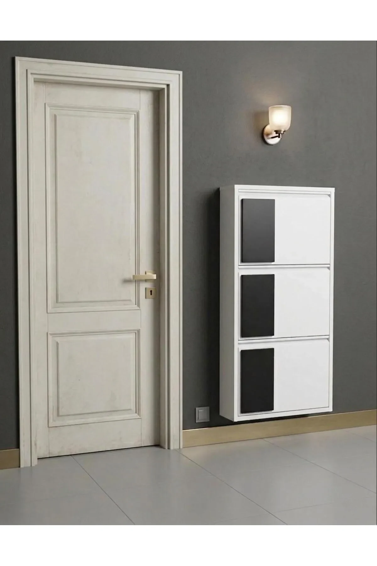 3-Door White Metal Shoe Cabinet with Black Vertical Pattern – 6 Pairs, view 3