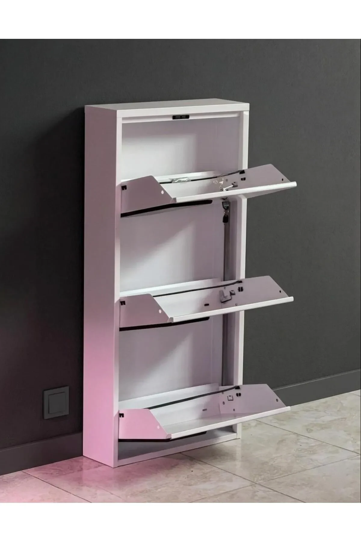 3-Door White Metal Shoe Cabinet with Black Vertical Pattern – 6 Pairs, view 5