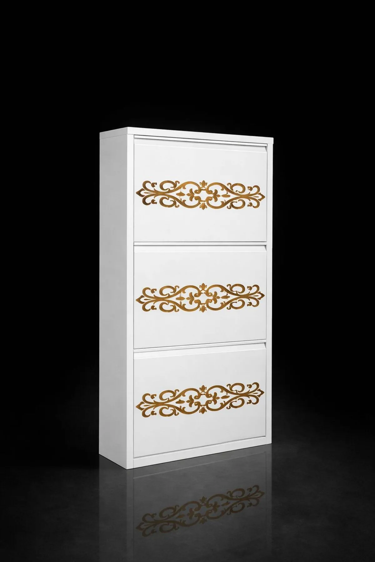 3 Kapaklı Beyaz Gold Desenli Metal Ayakkabılık – 6 Çift