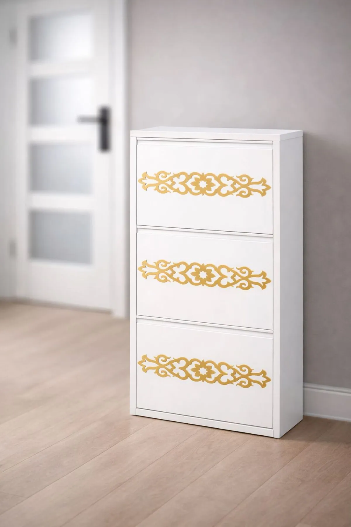 3-Door White Gold-Pattern Metal Shoe Cabinet – 6 Pairs, view 3