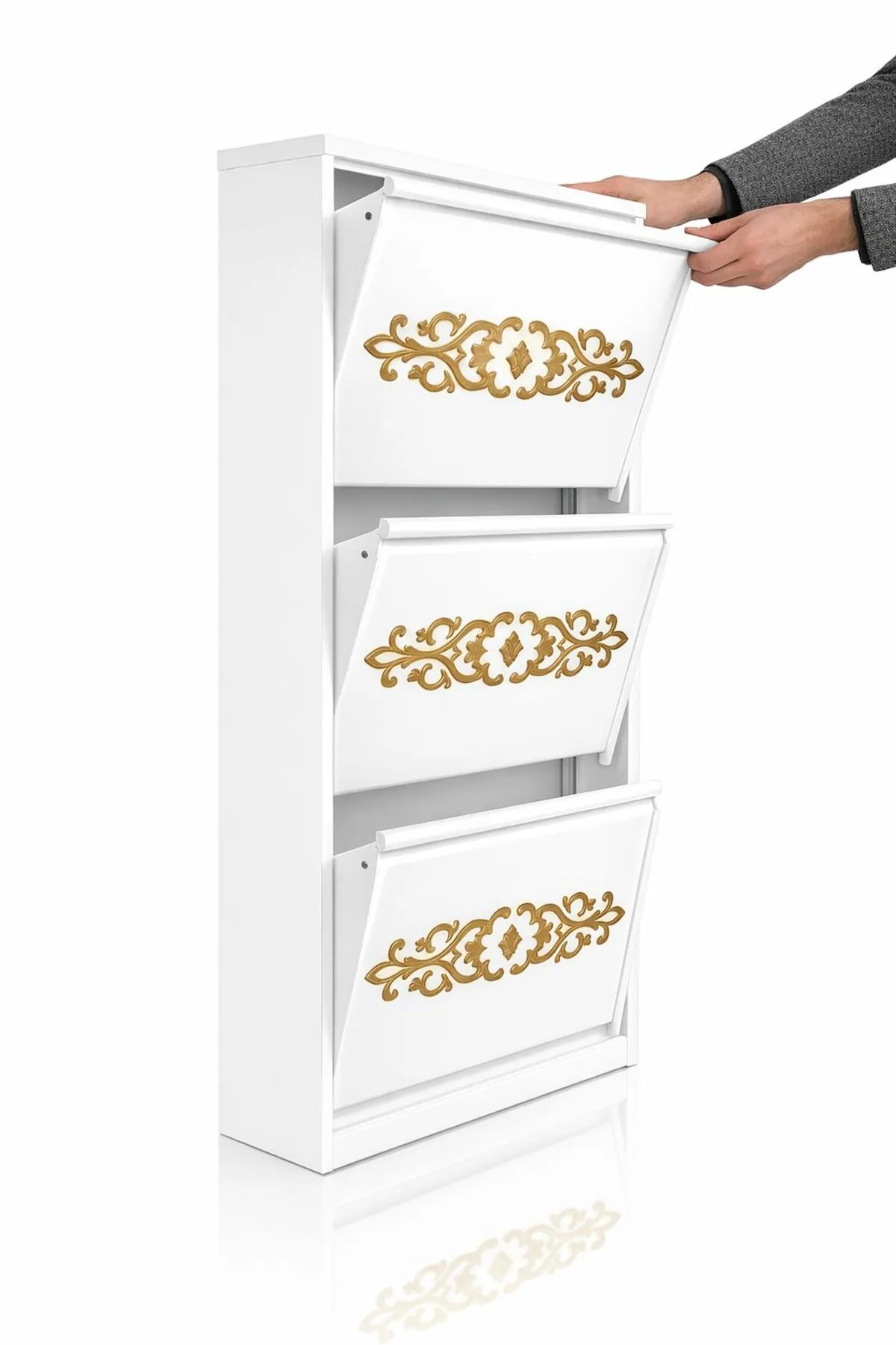 3-Door White Gold-Pattern Metal Shoe Cabinet – 6 Pairs, view 4