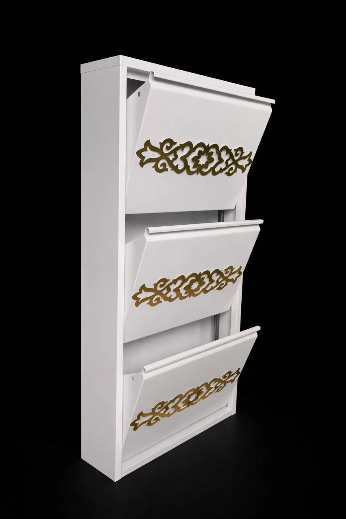 3-Door White Gold-Pattern Metal Shoe Cabinet – 6 Pairs, view 5