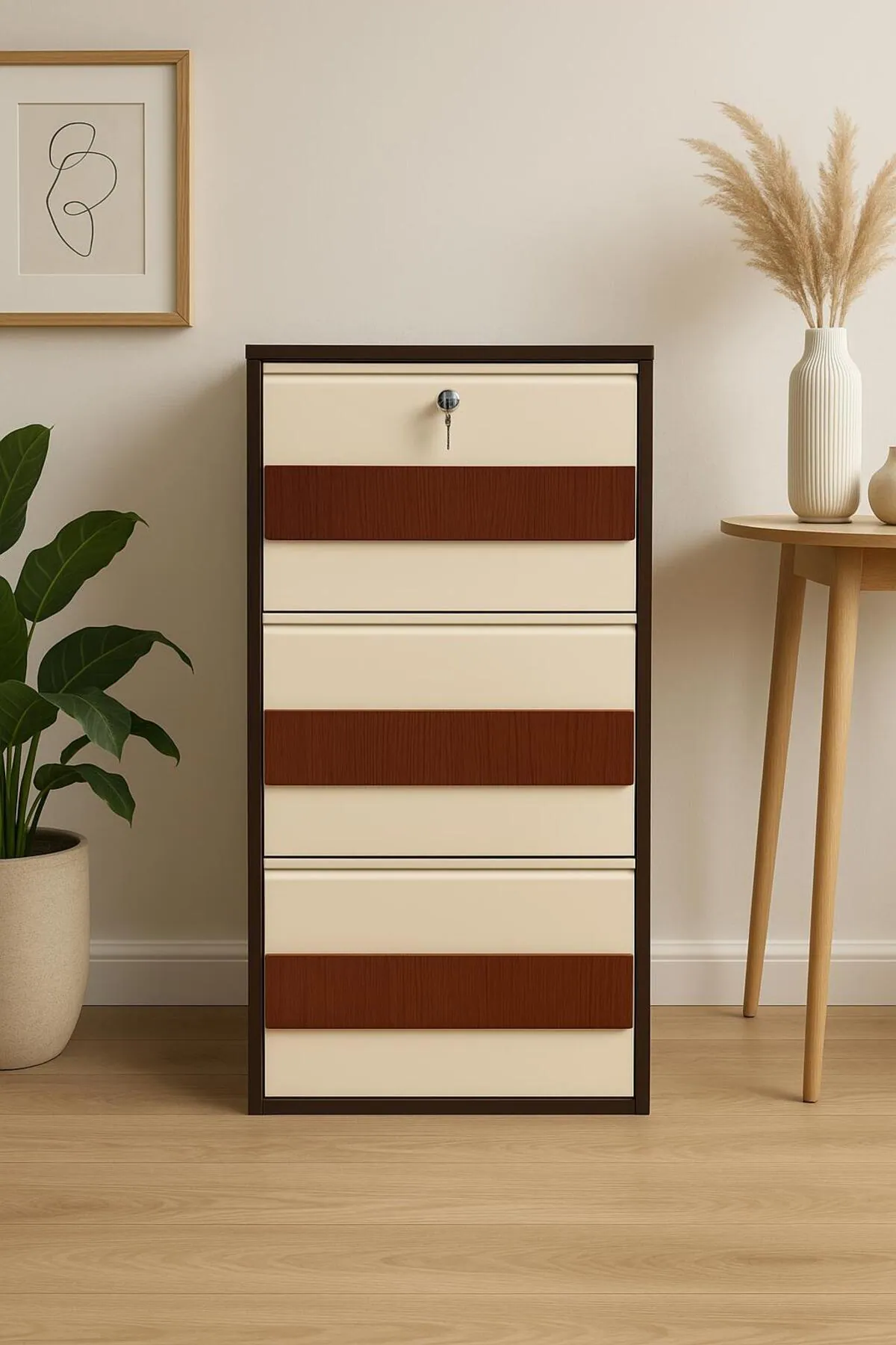 3-Door Brown-Cream Patterned Metal Shoe Cabinet – 6 Pairs